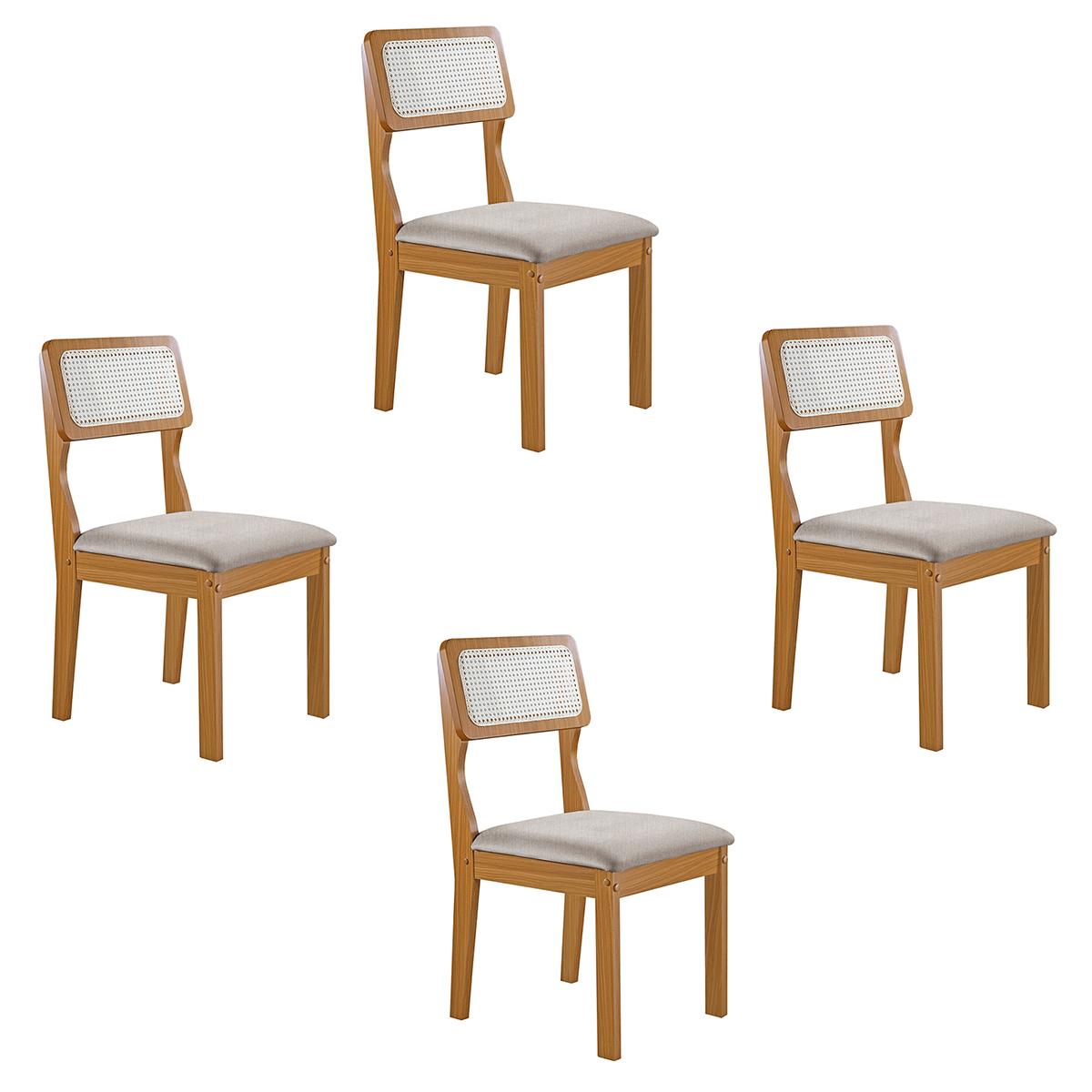 Conjunto De 4 Cadeiras Agata Retrô Com Estofado Em Linho Cinza Claro/cinamomo