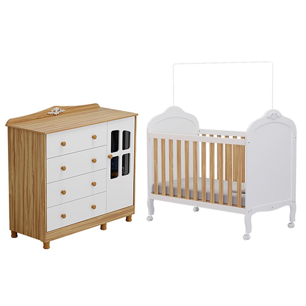 Jogo De Quarto Infantil Elô Com Janela Cômoda E Berço Branco Brilho/amêndoa - Móveis Peroba