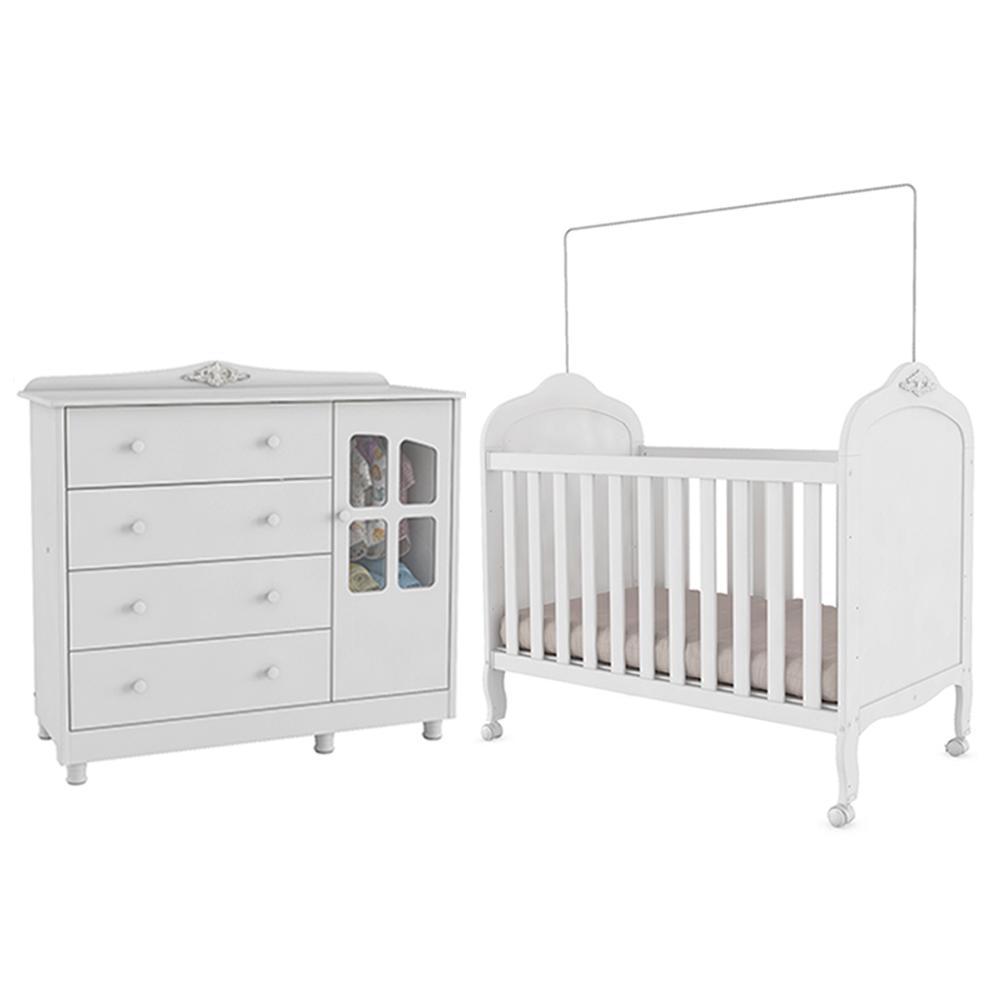 Jogo De Quarto Infantil Elô Com Janela Cômoda E Berço Branco Brilho - Móveis Peroba