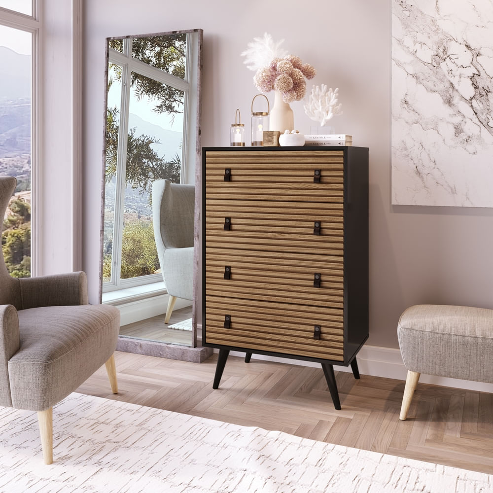 Comoda 4 Gavetas Amber Preto Frente Efeito Ripado