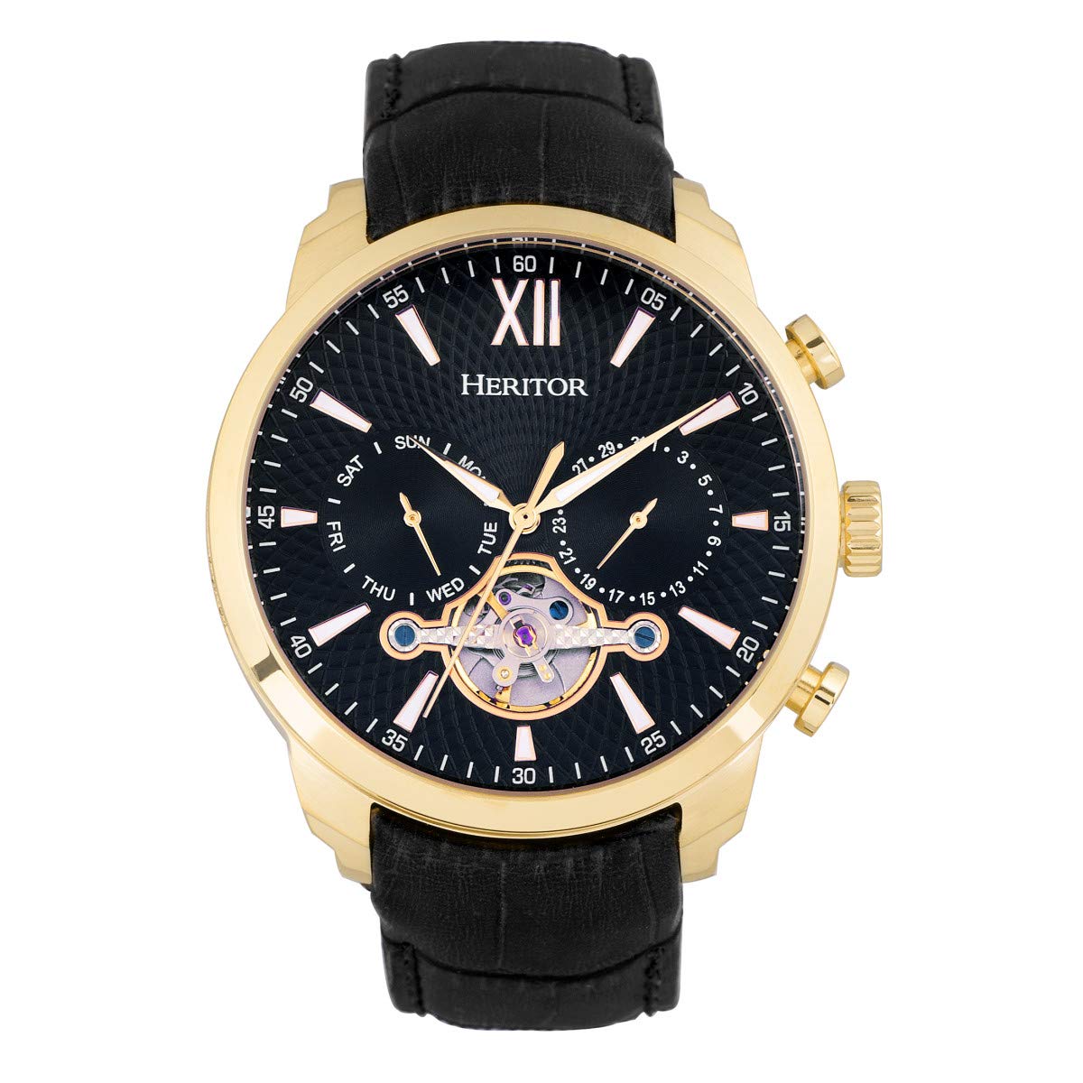 Relógio Heritor Arthur Automatic Gold Black Leather Masculino 45 Mm