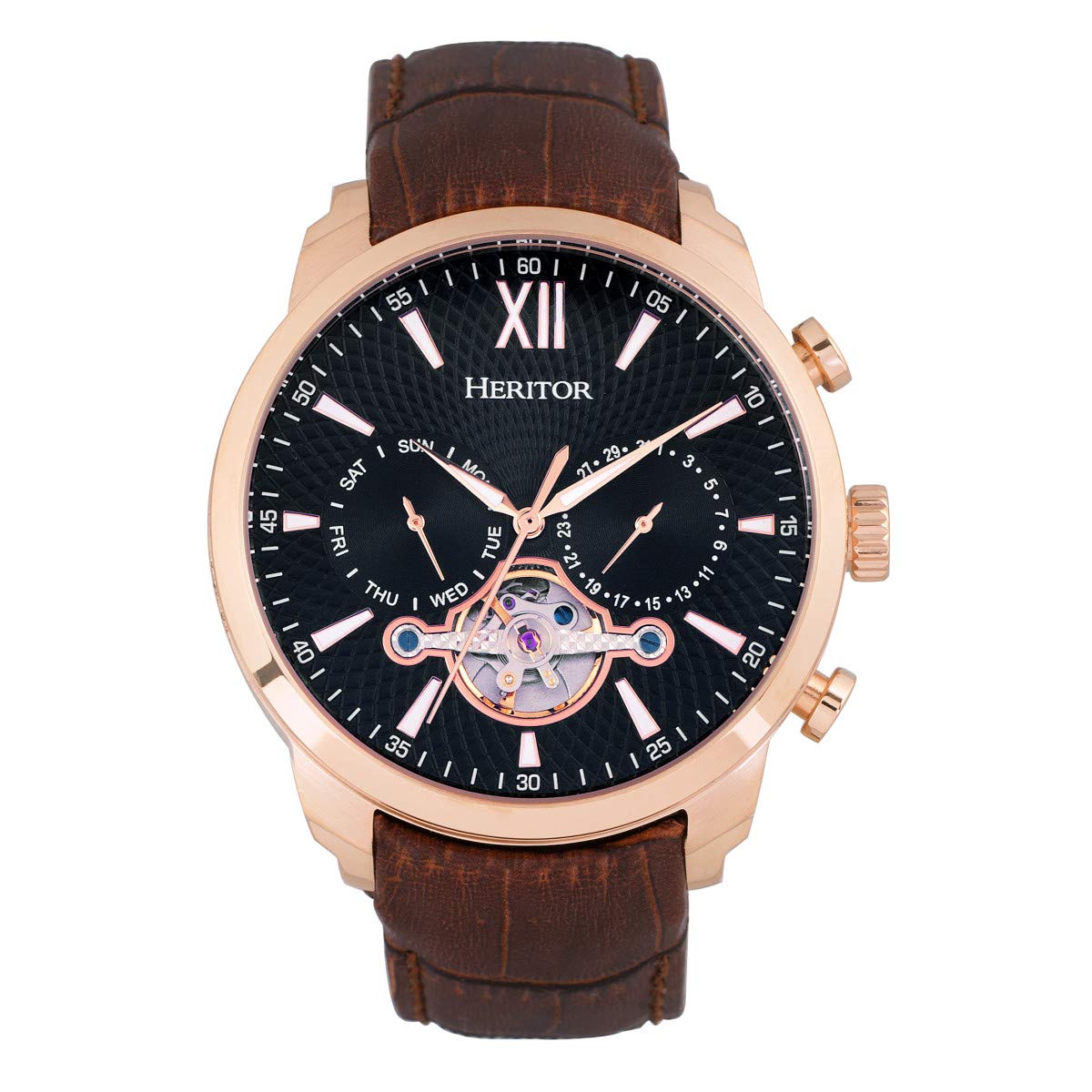 Relógio Heritor Arthur Automatic Rose Gold Com Couro Marrom
