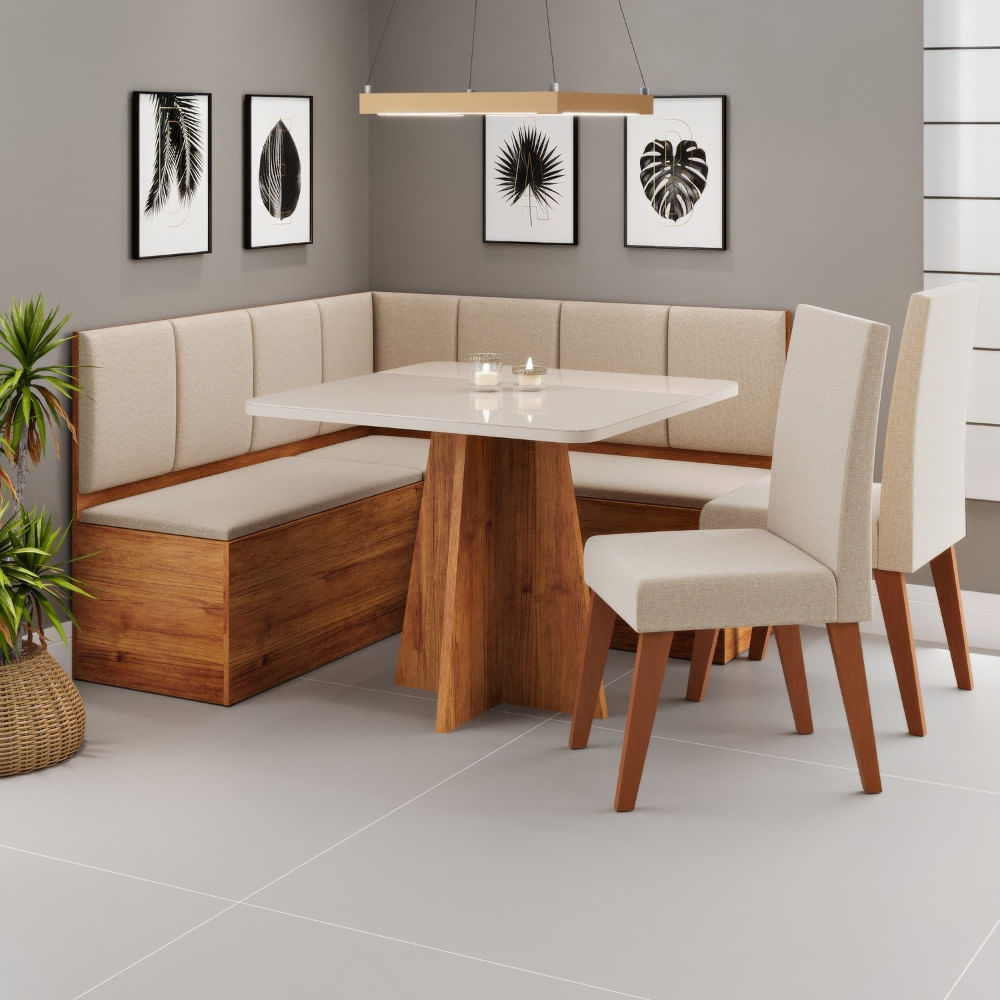 Canto Alemão com Baú Syrah com tampo de Vidro com 2 Cadeiras Milão Viero + inclusão do baú aberto colorida