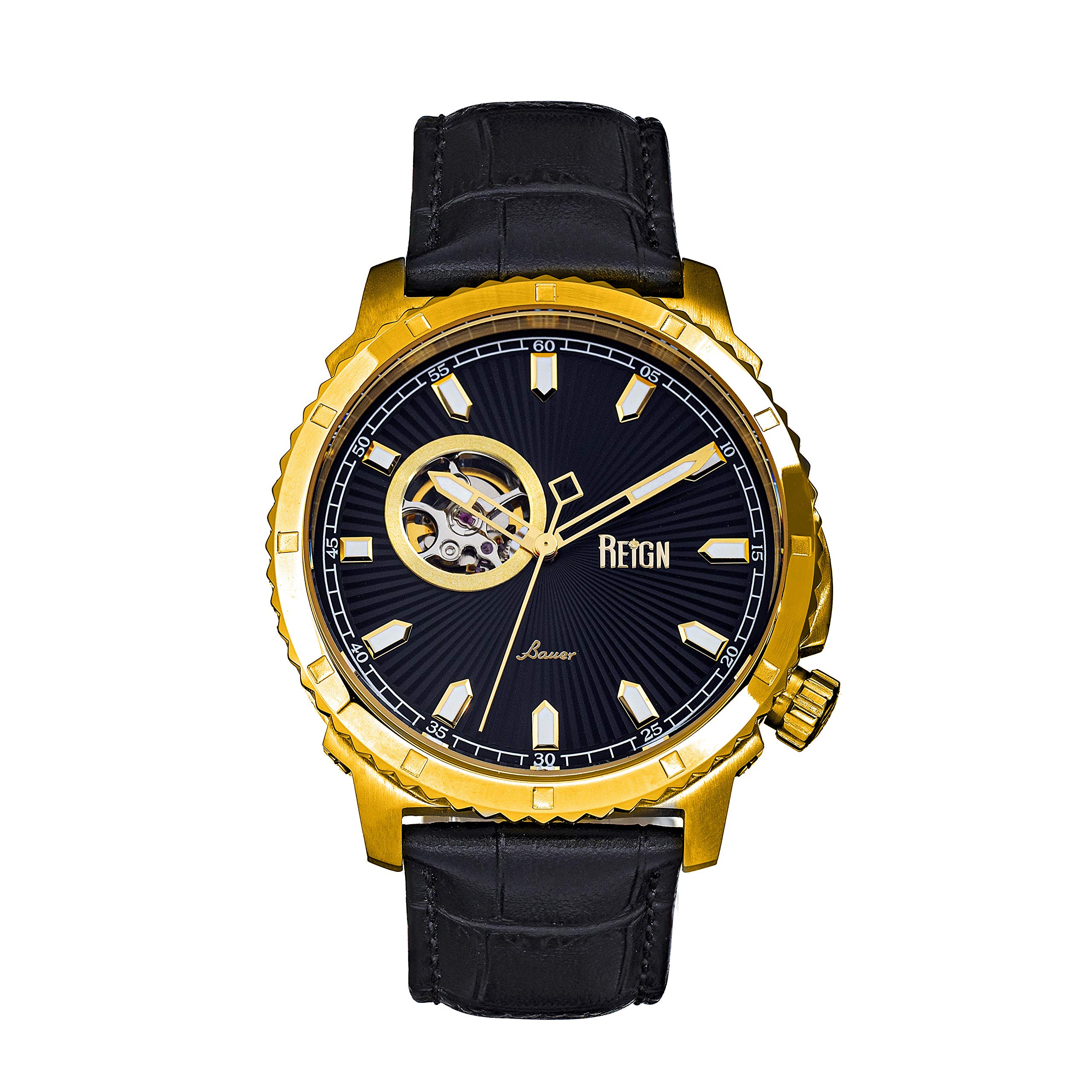 Relógio Reign Bauer Automatic Semi-skeleton Dourado/preto Em Couro