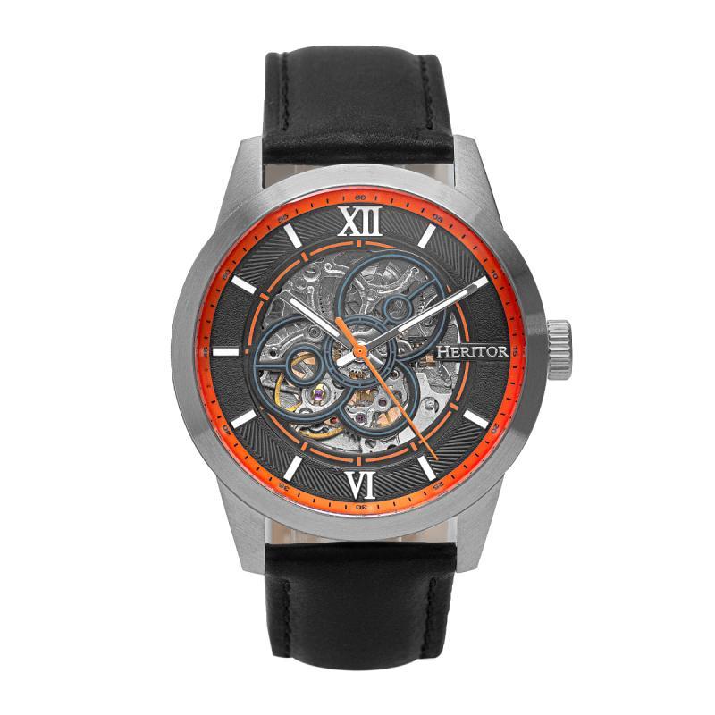 Relógio Heritor Automatic Jonas Leather-band Skeleton Prateado/laranja