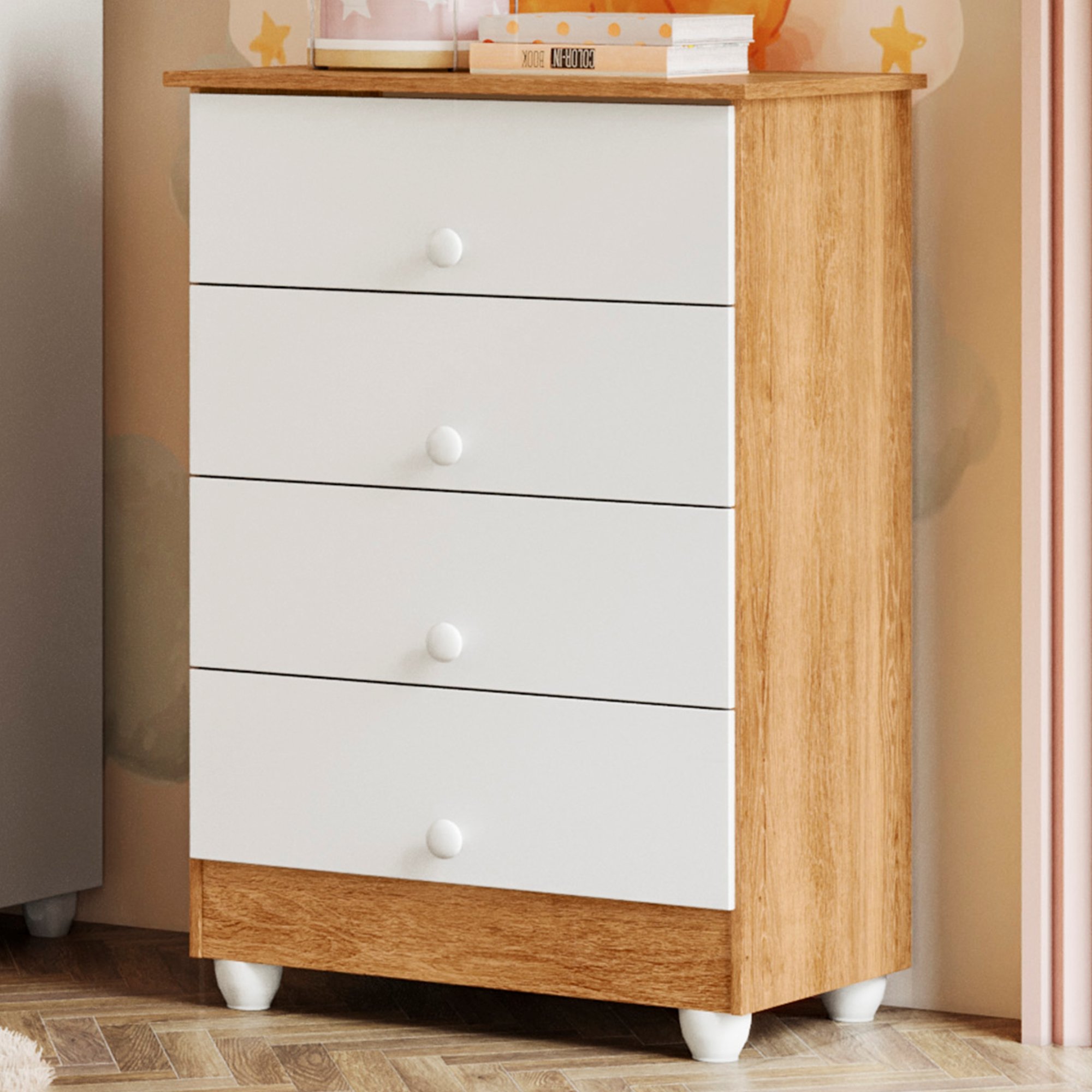 Cômoda De Bebê 100% Mdf 4 Gavetas Soft Life Branco/madeirado Ypê