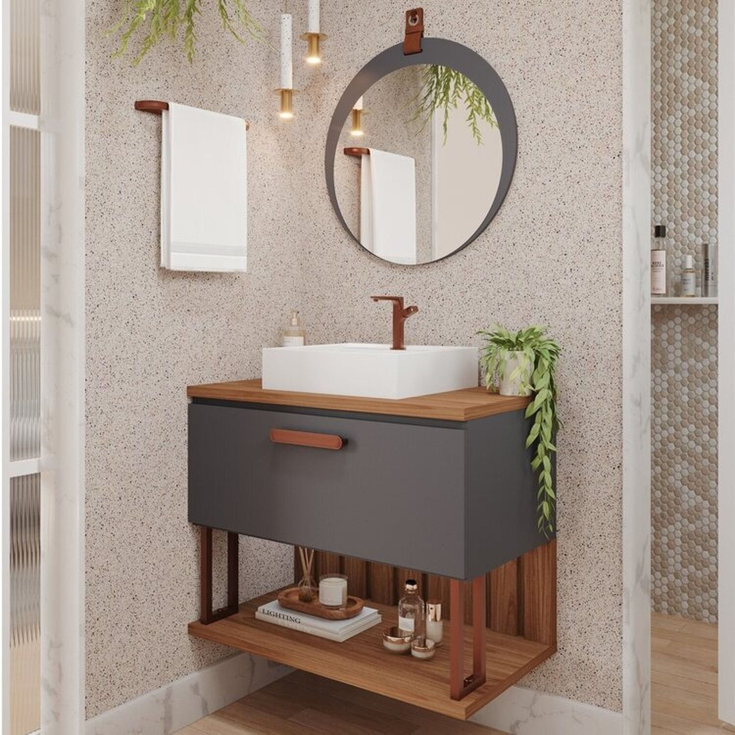 Gabinete Suspenso Banheiro Mari 80cm Com Cuba E Espelheira Lua Espresso Móveis Titanium