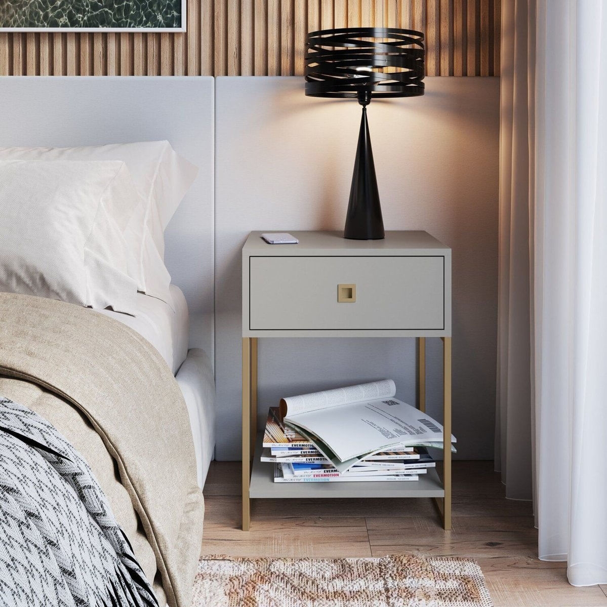 Mesa De Cabeceira Industrial 1 Gaveta P1026 Arena / Dourado