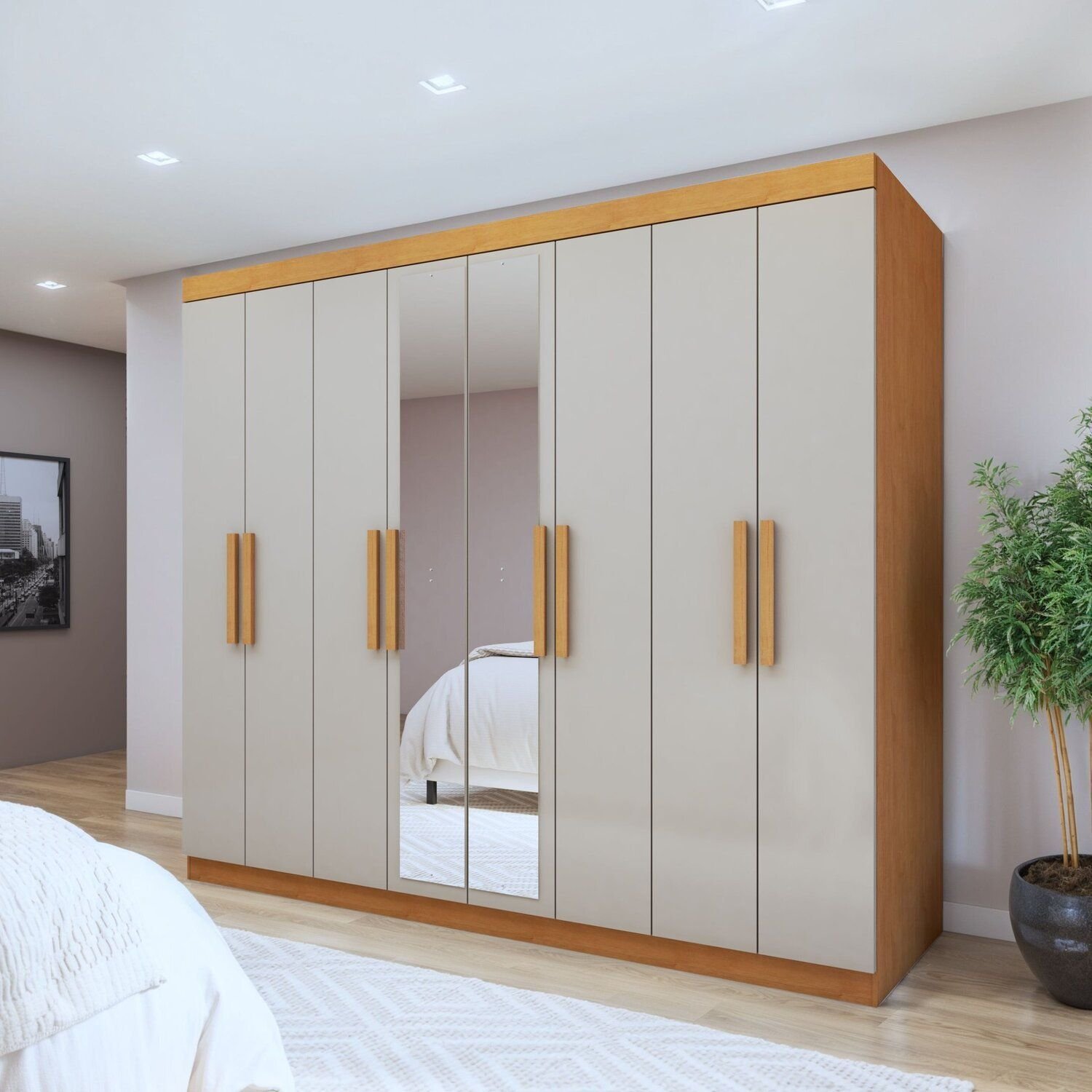 Guarda-roupa 8 Portas 4 Gavetas Com Espelho Andara Soft Amêndoa Clean/off White