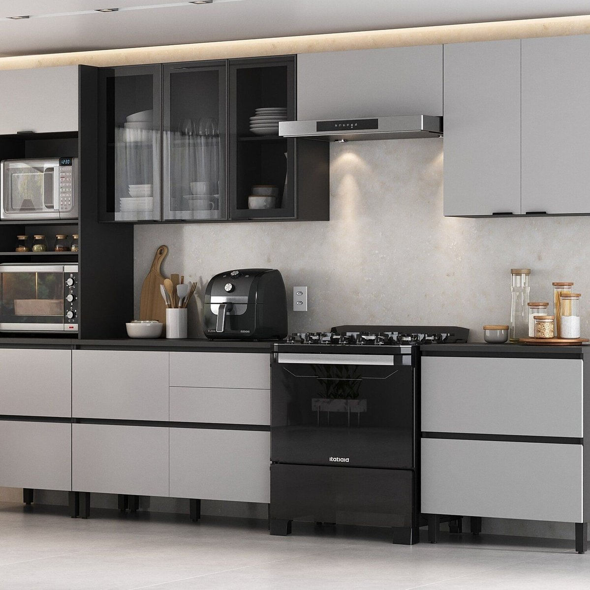 Cozinha Completa Modulada 6 Peças 100% Mdf Lumina Itatiaia Grafite/fendi