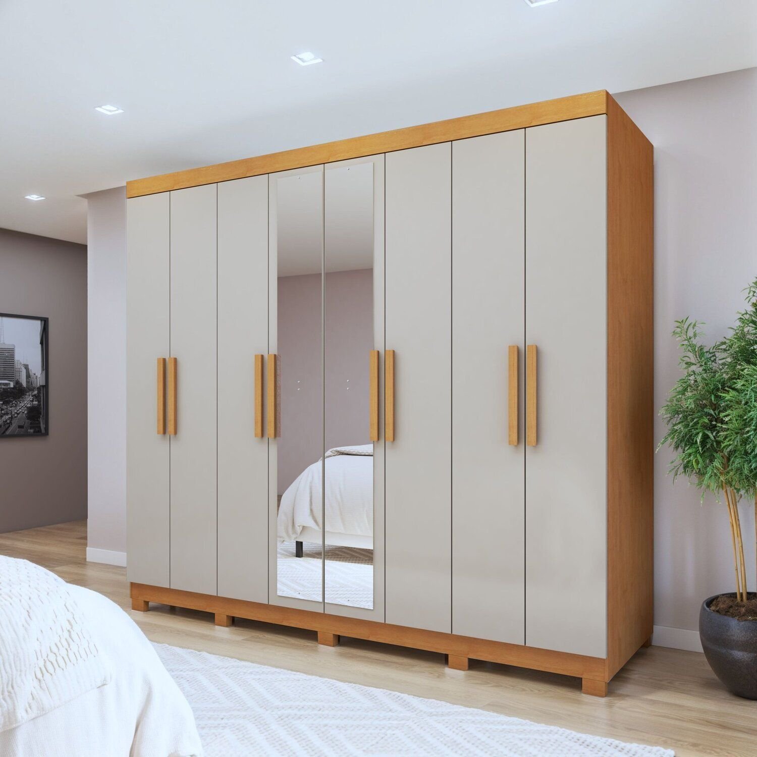 Guarda-roupa 8 Portas 4 Gavetas Com Espelho E Com Pé Andara Soft Amêndoa Clean/off White