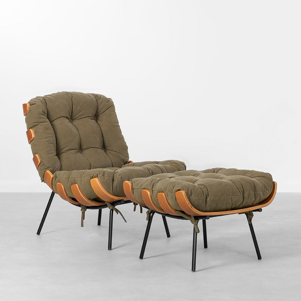 Poltrona Costela Com Puff Lona - Verde Oliva