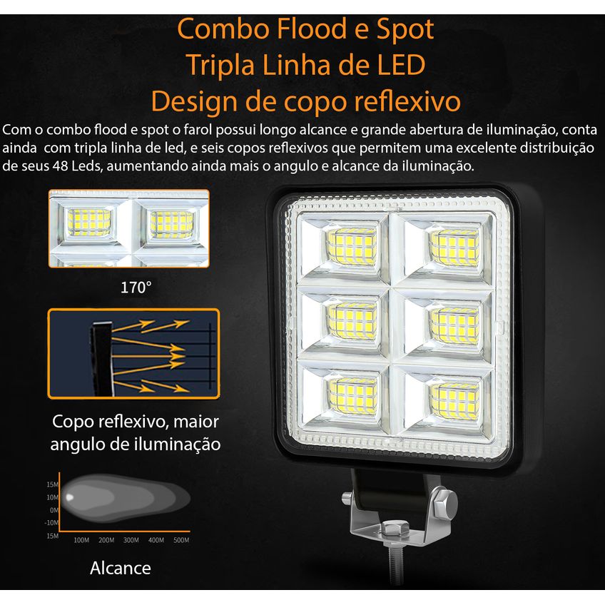 Farol De Milha Auxiliar Universal Quadrado Automotivo 10-30v 144w Super Forte, Longo Alcance 48 Led Carro Caminhão Moto - imagem 3