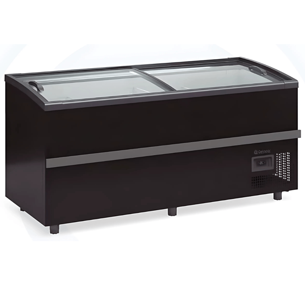 Ilha Expositora P/ Congelados E Resfriados Gism-190pr Preta Gelopar - Vidro Curvo Deslizante Iluminação Em Led Bivolt Bivolt Automático Gelopar