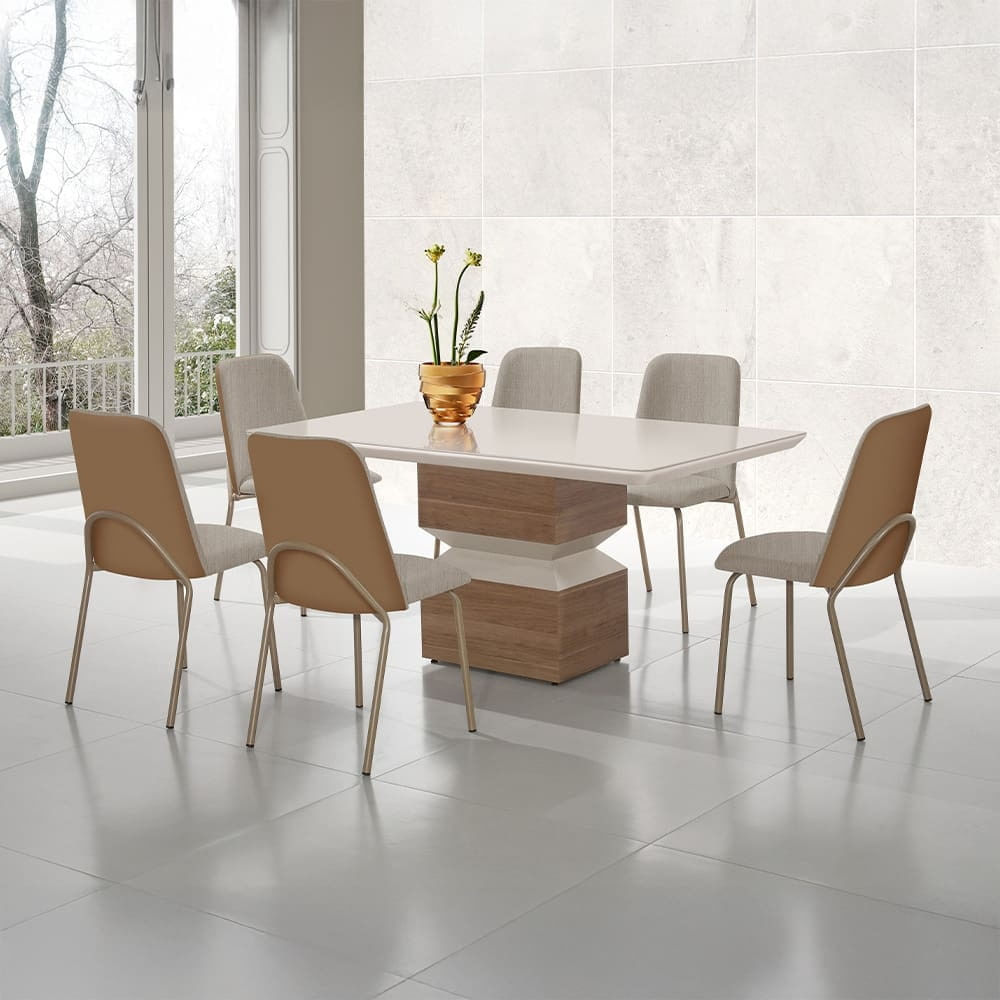 Mesa De Jantar Retangular Aço Nobre Aurora Com 6 Cadeiras Estofadas