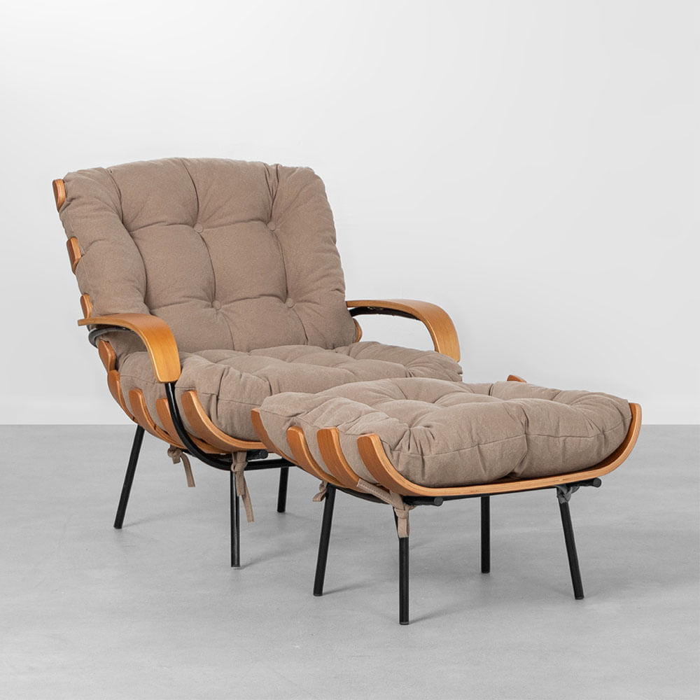 Poltrona Costela Com Braço E Puff lona - Caqui