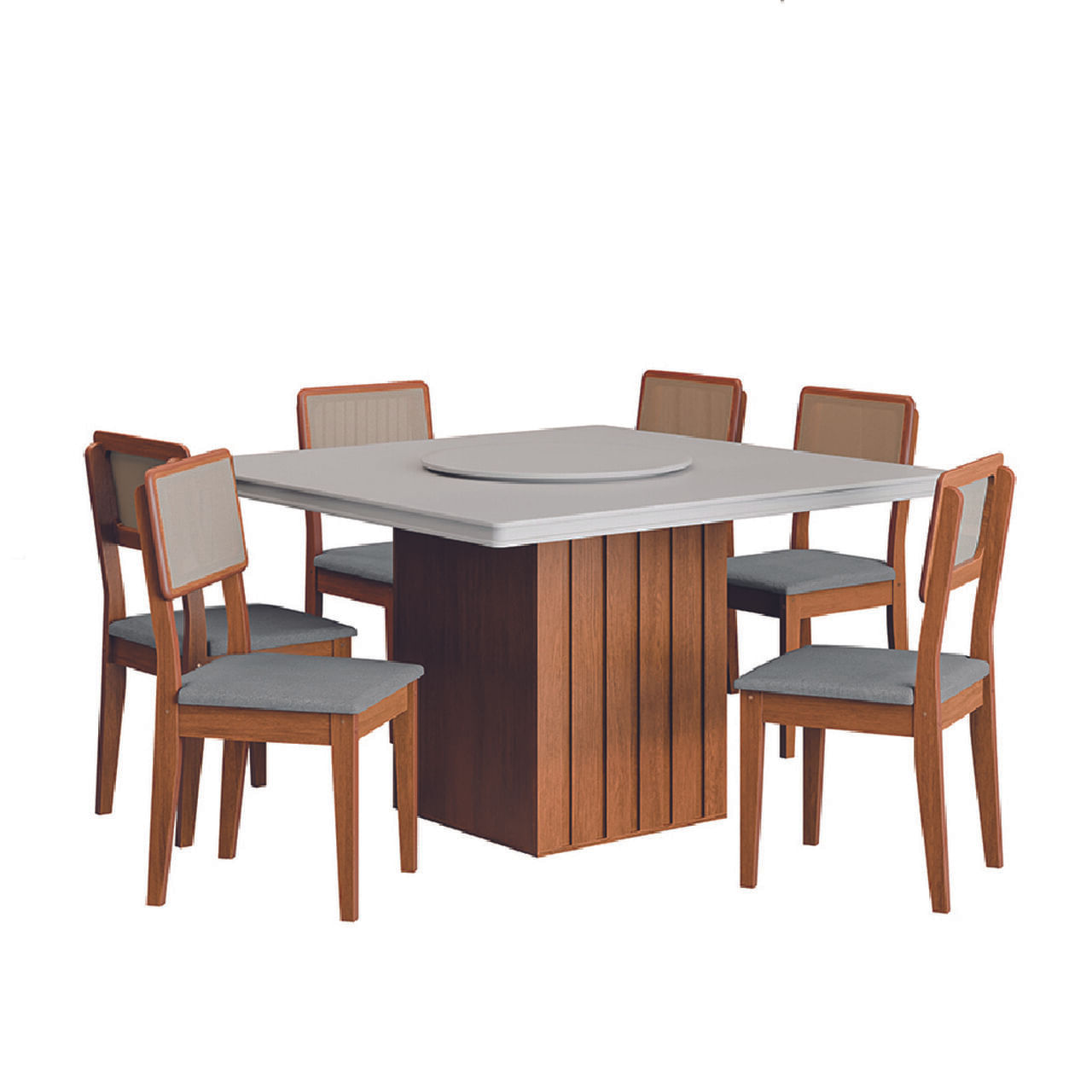 Conjunto Sala De Jantar Amsterdã New Mesa Com Tampo Giratório 6 Cadeiras Santiago Madeirado/cinza