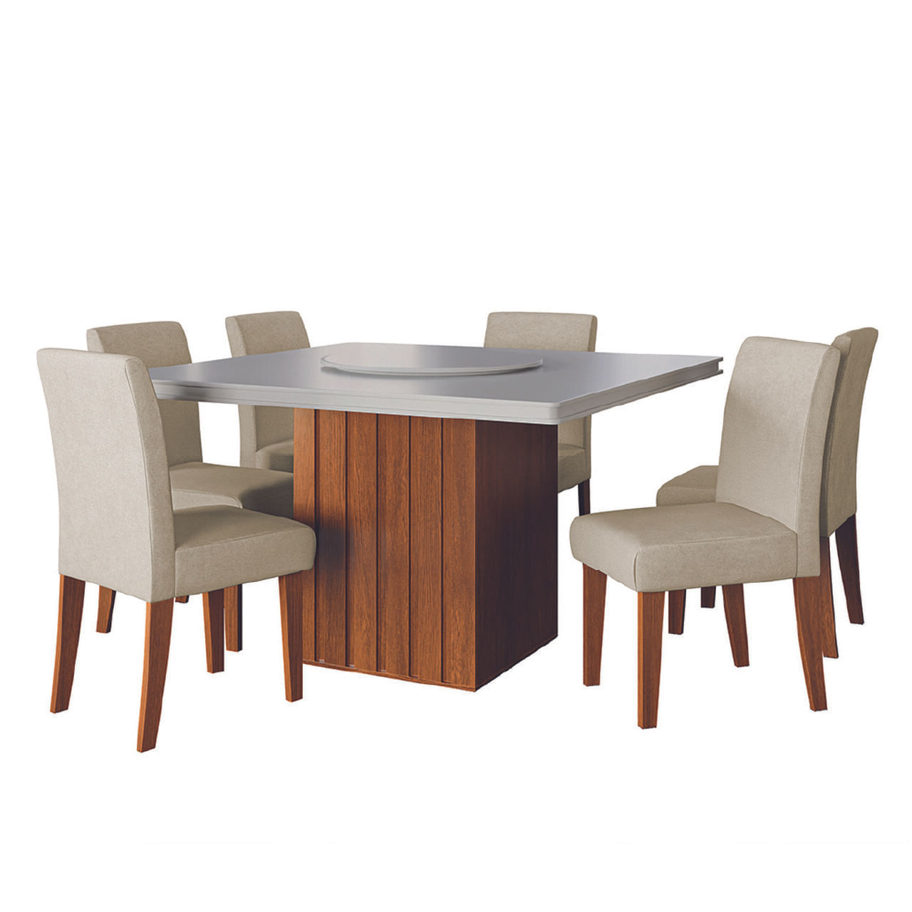 Conjunto Sala De Jantar Amsterdã New Mesa Com Tampo Giratório 6 Cadeiras Trieste Madeirado/bege