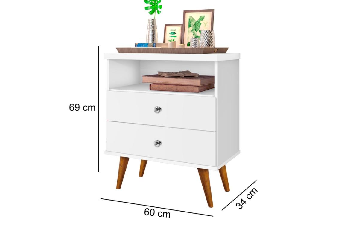 Mesa de Cabeceira  Retrô Status 2 Gavetas Branco com Pés de Madeira - LV MÓVEIS