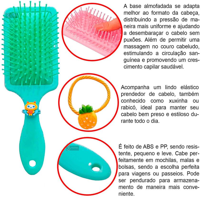 Escova Raquete Mágica Para Desembaraçar Cabelos Cacheado Liso Crespo Ondulado Pente Almofada Massageadora + Elastico - imagem 5