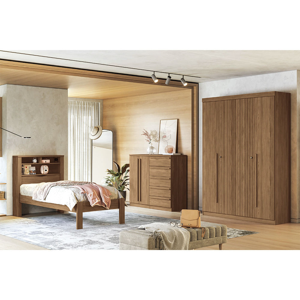 Quarto De Solteiro Com Guarda-roupas Buriti 4 Portas Cômoda Málaga E Cama Com Baú Invicta Santos Andirá