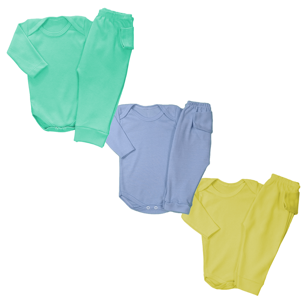 Kit 6 Peças Conjunto Body Longo e Mijão Bebê Menino e Menina