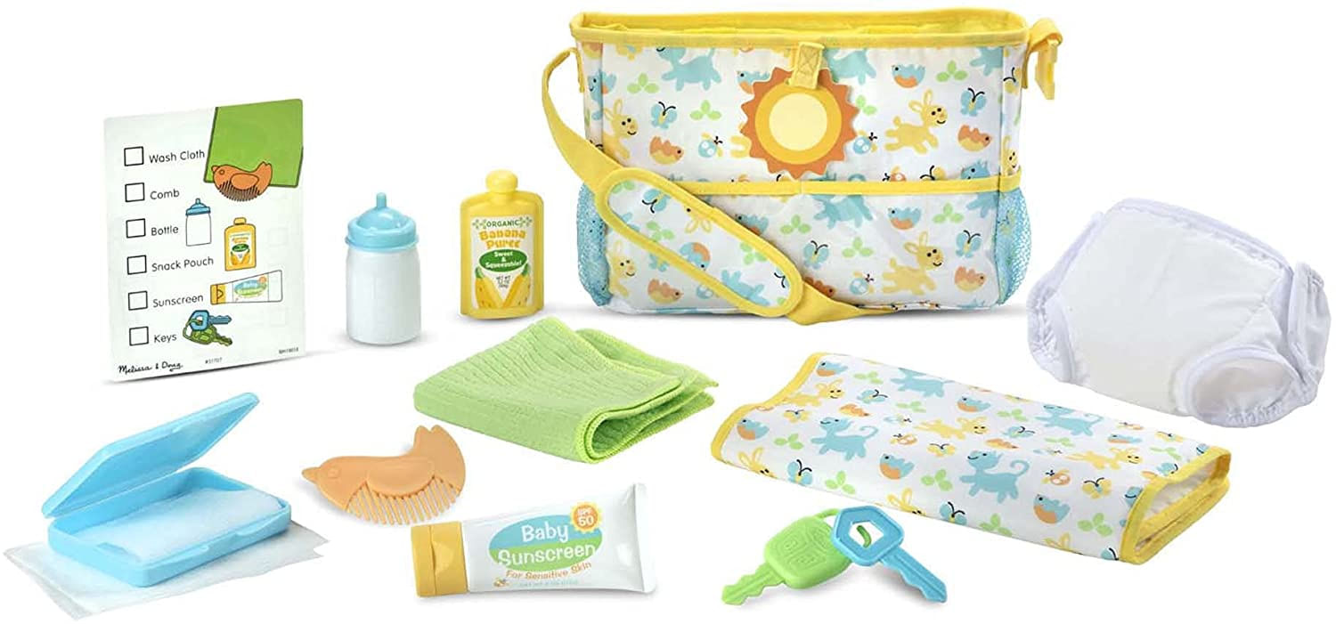 Melissa &amp;amp, Doug Mine To Love Travel Time Play Set Para Bonecas Com Saco De Fraldas, Garrafa, Protetor Solar, Mais (17 Pcs)