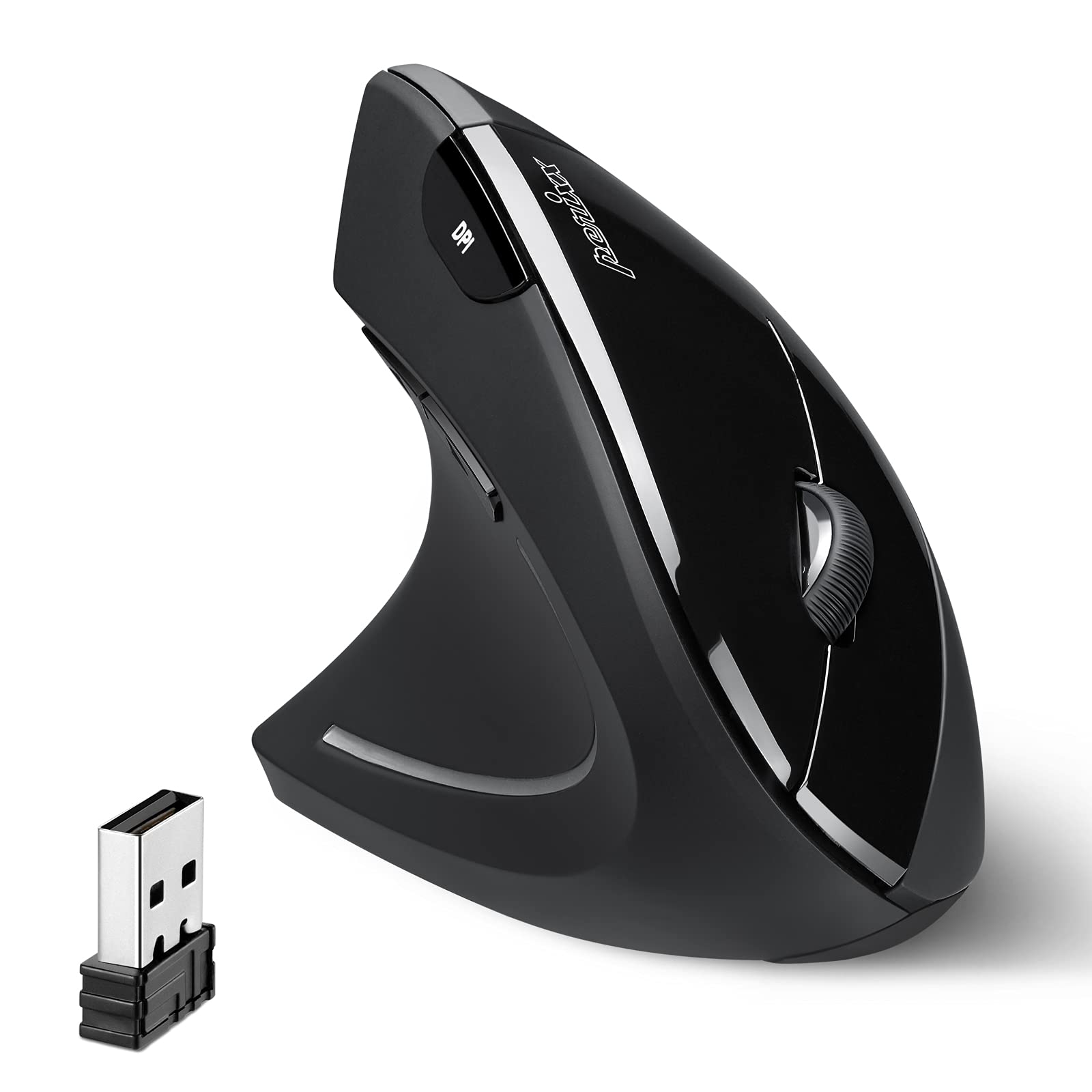 Perixx Perimice-713l, Mouse Vertical Ergonômico Sem Fio, 6 Botões Design, 3 Level Dpi, Preto