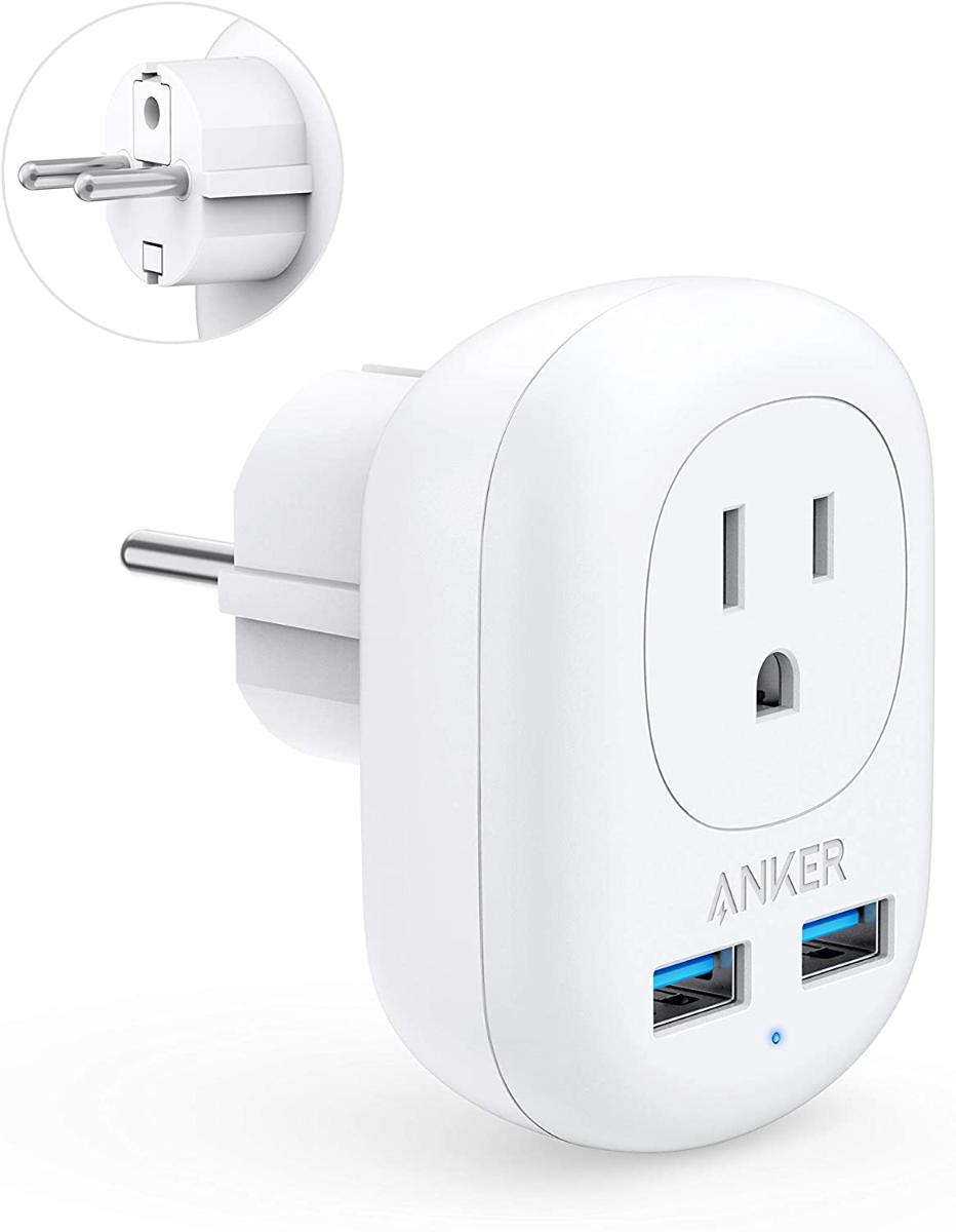 Adaptador de viagem europeu Anker, PowerExtend USB Plug International Power Adapter com 2 USB e 1 Outlet, EUA para a maior parte da Europa EU Espanha