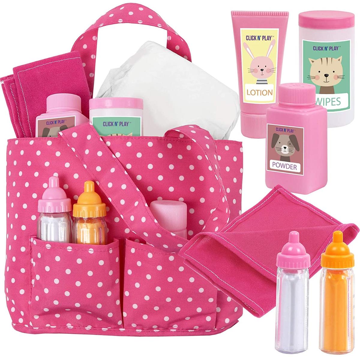 Clique em N' Play Baby Girl Doll Pink Soft Carrying Bag, incluindo limpeza de cuidados e acessórios de alimentação