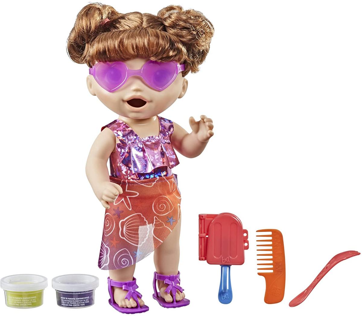 Baby Alive Sunshine Snacks Doll, Eats and Poops, Summer-Themed Waterplay Baby Doll, Ice Pop Mold, Toy for Kids Ages 3 and Up, Brown Hair
