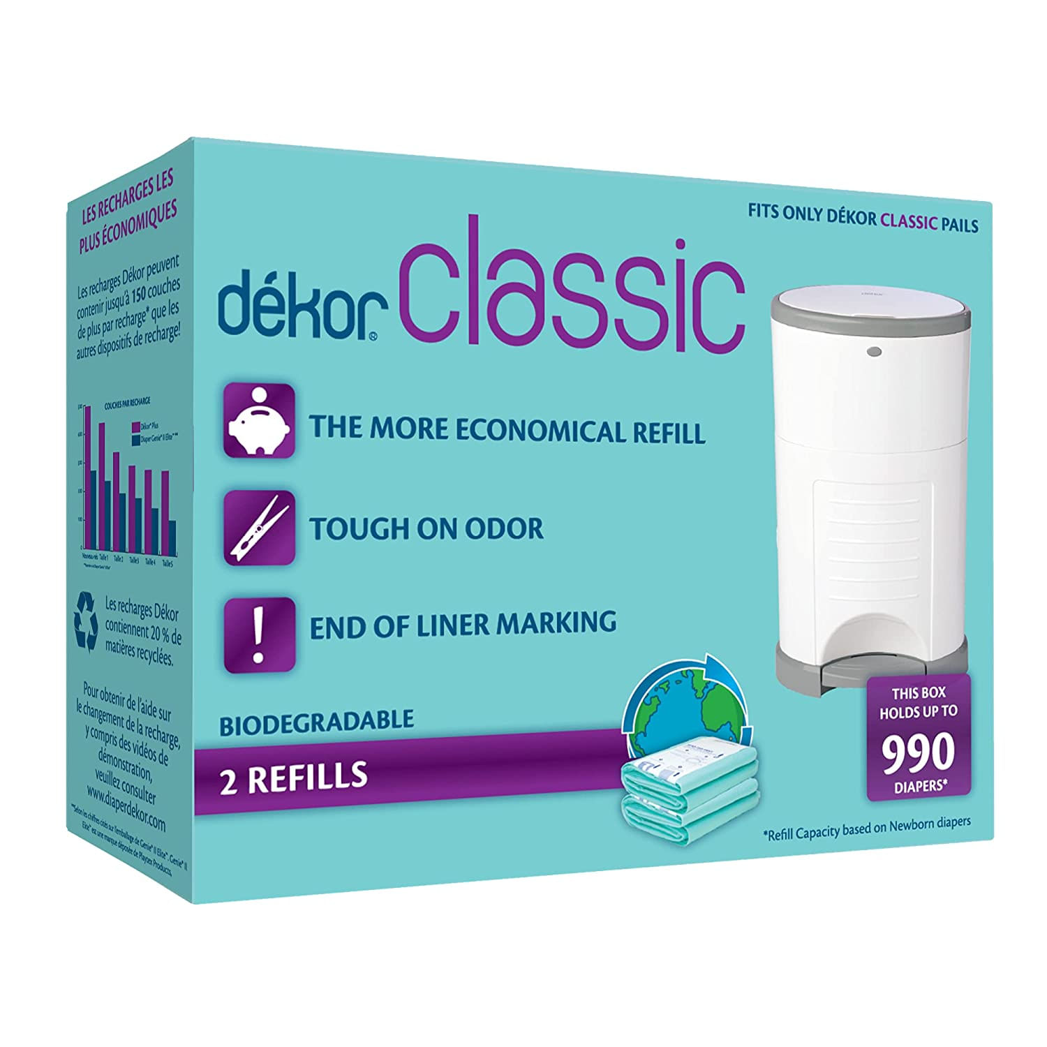 Dekor Classic Diaper Pail Biodegradable Refis 2 Contagem Sistema De Recarga Mais Econômico Rápido E Simples Para Substituir Sem Tama