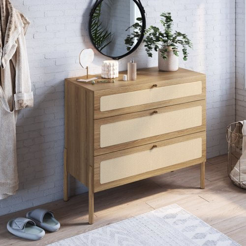 Cômoda 3 Gavetas Palhinha Pé Madeira Oslo Artesano Hanover