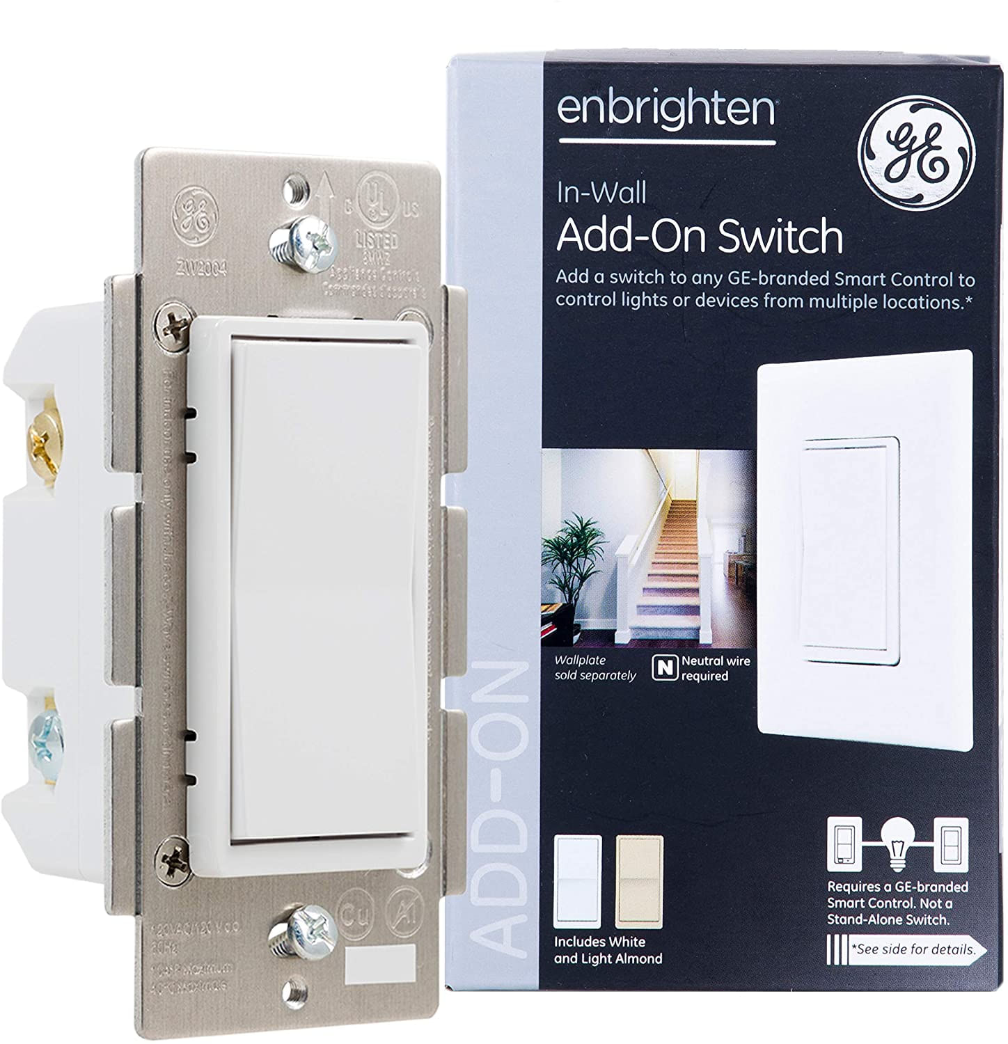 Ge Enbrighten Add-on Switch Para Ge Z-wave/ge Zigbee Smart Lighting Controls, Funciona Com Alexa, Google Assistant, Não Um Switch Autônomo