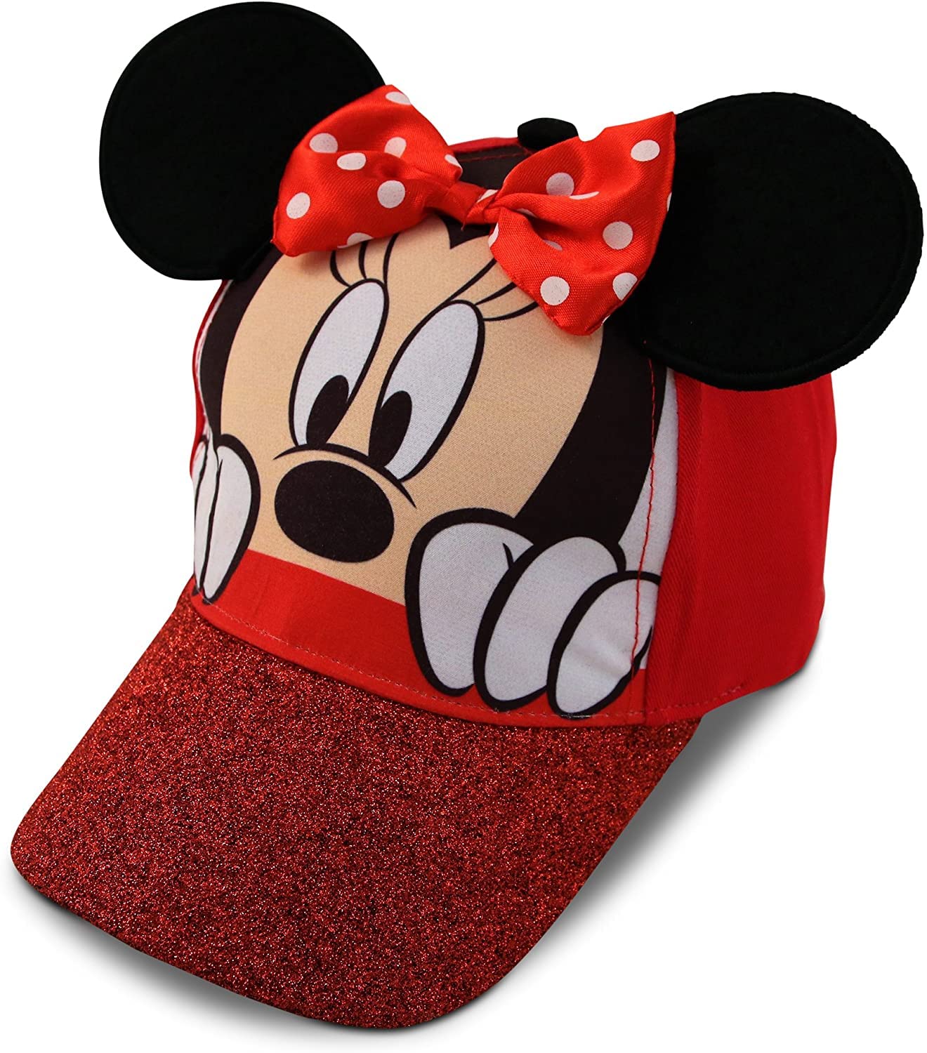 Disney Girls Minnie Mouse Cotton Baseball Cap 3d Ears Glitter Rim (toddler/little Girls), Size Age 2-4, Minnie Mouse Red