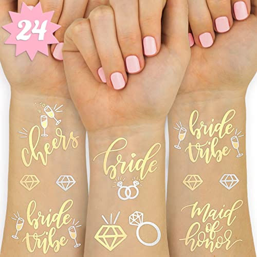Xo, Fetti Bachelorette Party Tattoos - Bride Tribe, Maid Of Honor - 24 Estilos Metálicos - Bridal Shower Favor E Decorações