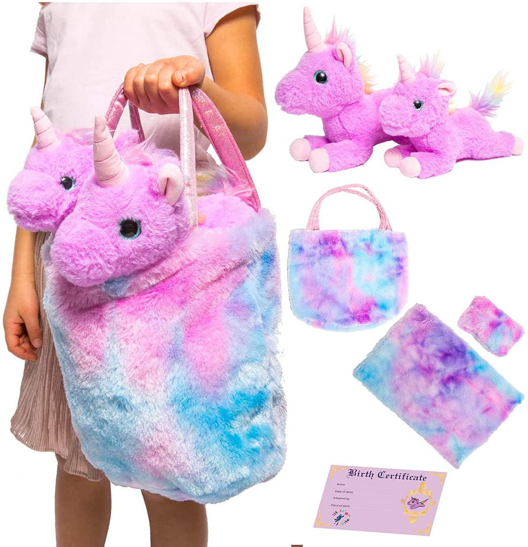 Mamãe &amp;amp Bebê Unicórnios Presentes Para Meninas 4 - 5 - 6 - 7 Anos - Conjunto Animal Recheado C/ 2 Brinquedos De Pelúcia Roxa - Bolsa Arc