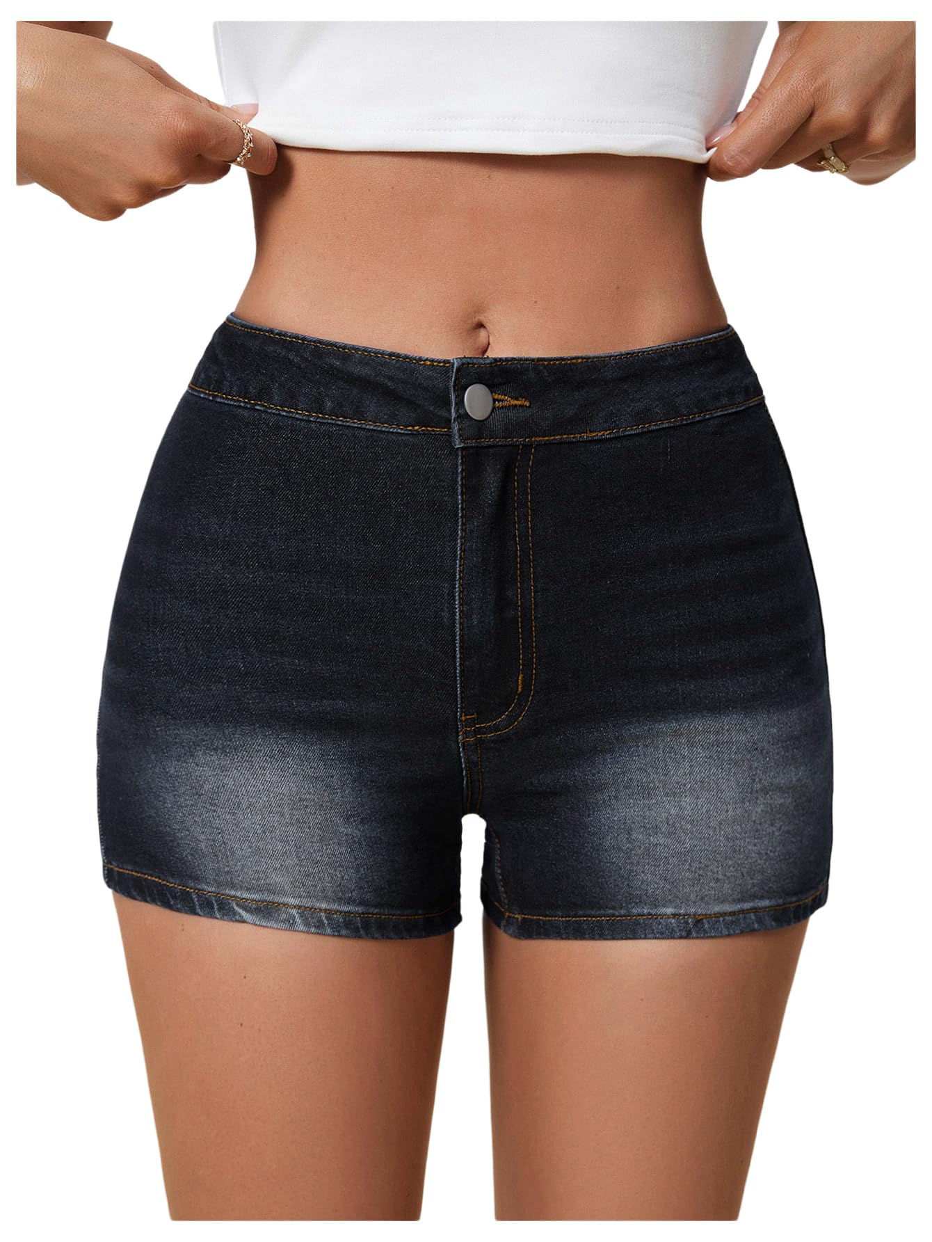 Shorts Jeans Beaudrm De Cintura Alta, Perna Reta, Azul Escuro, Feminino