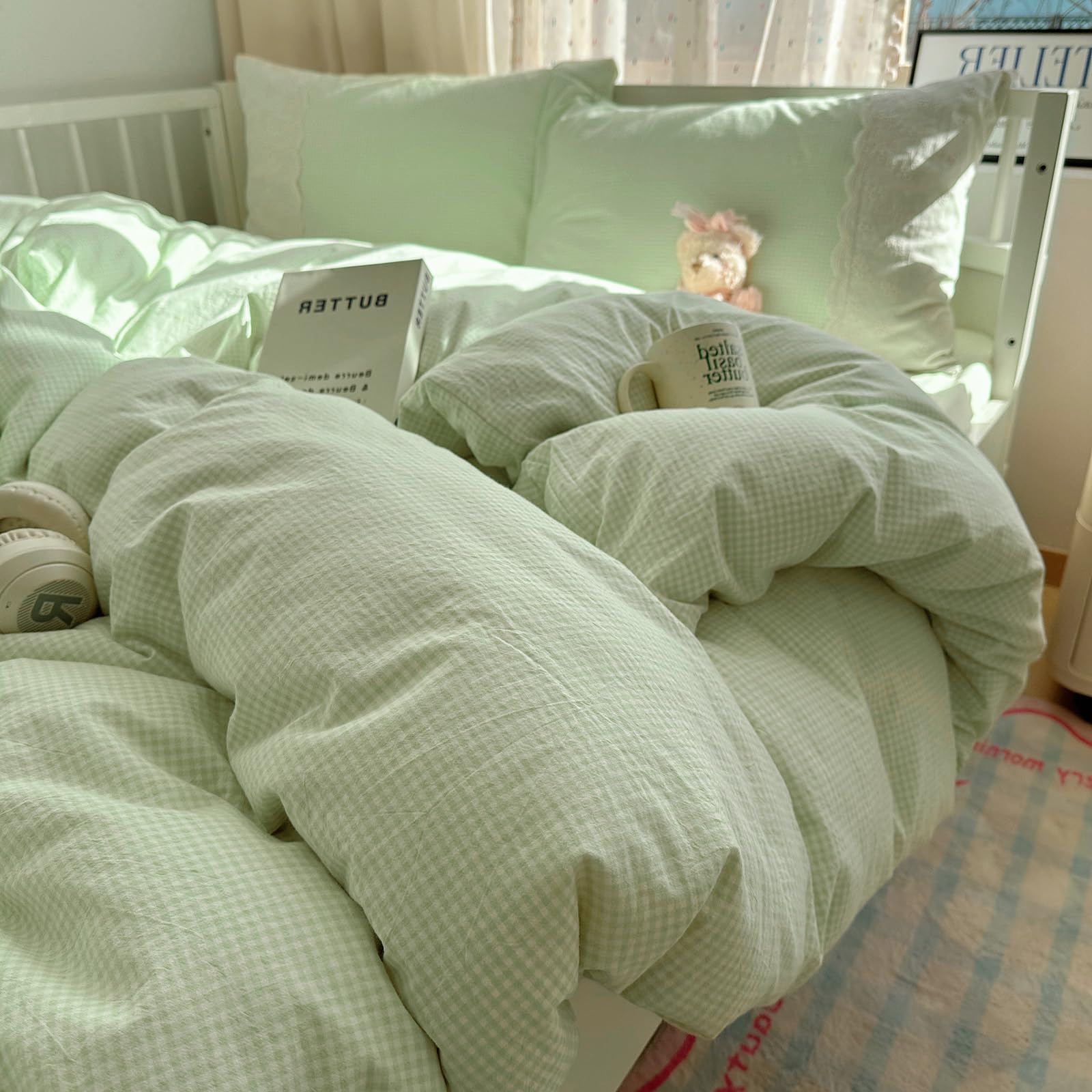 Conjunto De Capa De Edredão Vm Vougemarket Green Gingham Grid Queen