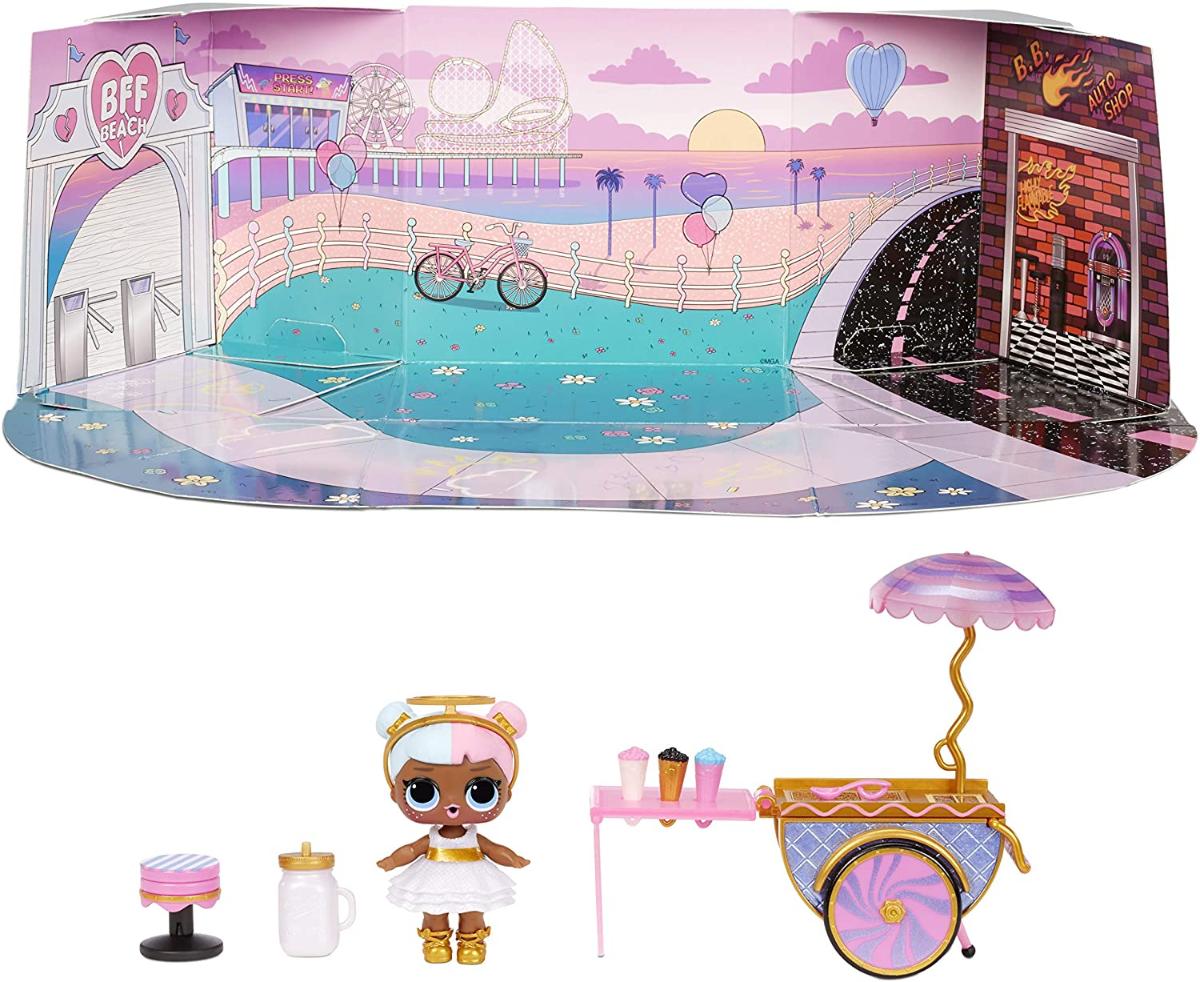 LoL Surprise Furniture Sweet Boardwalk com Boneca de Açúcar e mais 10 surpresas, Conjunto de Móveis doll Candy Cart, Acessórios