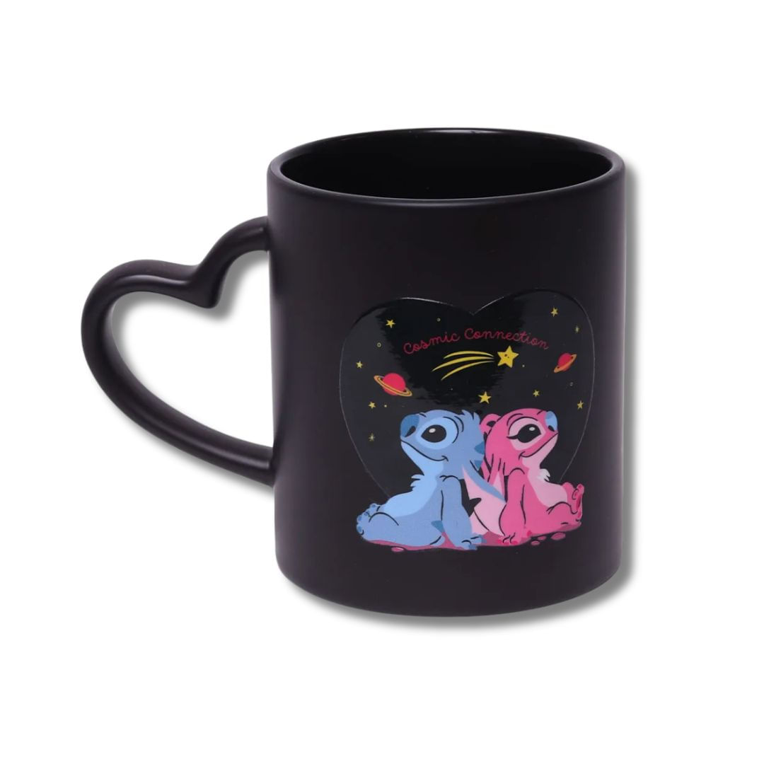 Caneca Magic Coração Stitch e Angel Namorados 350ml Preta - 10026508