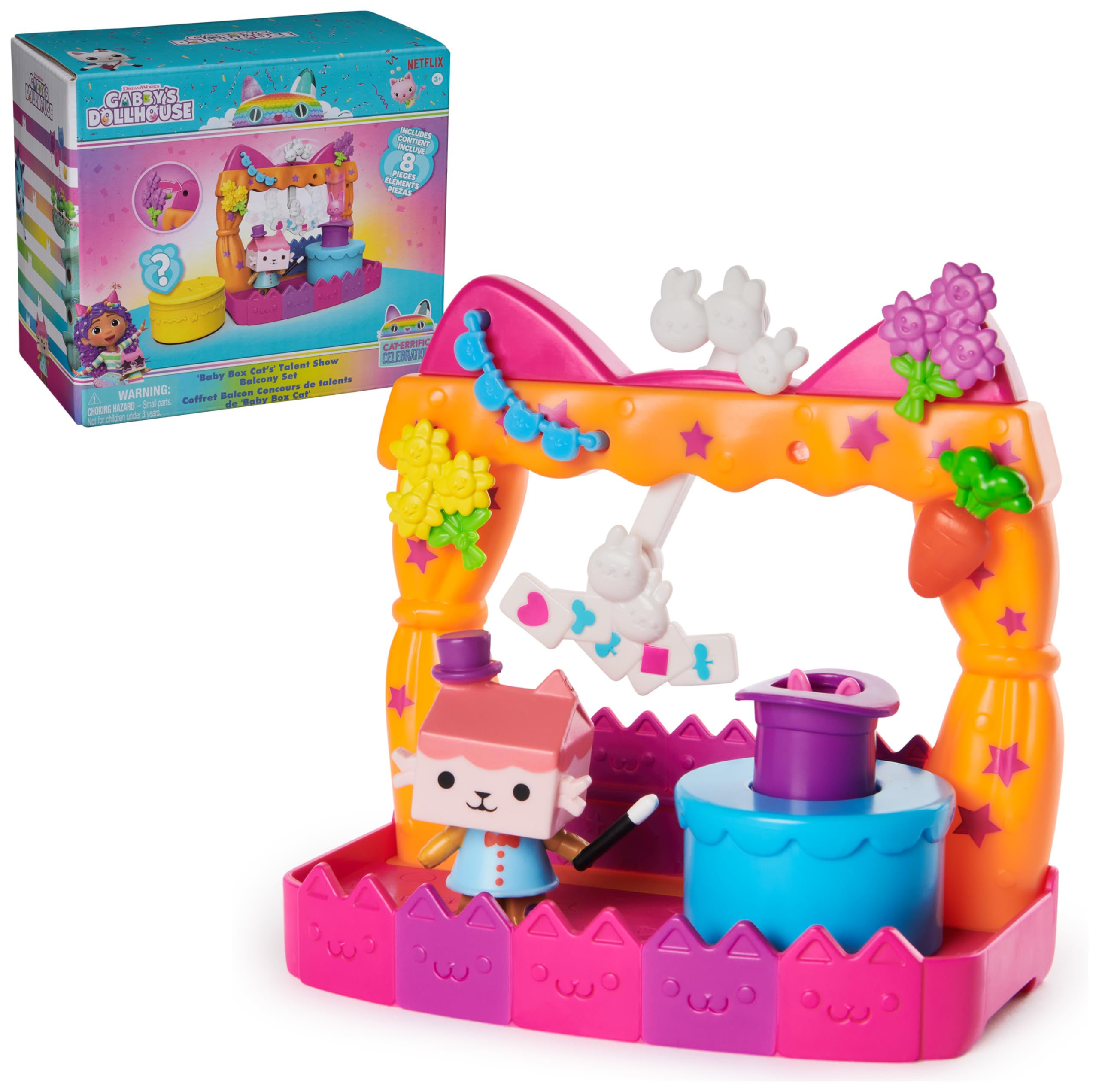 Conjunto De Brinquedos Gabby's Dollhouse Baby Box Talent Show Balcony, 8 Unidades
