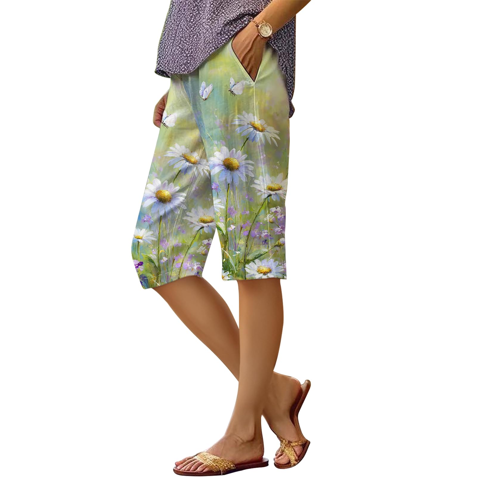 Shorts Dmoyala Com Estampa Floral De Linho De Cintura Alta Para Mulheres Verdes M