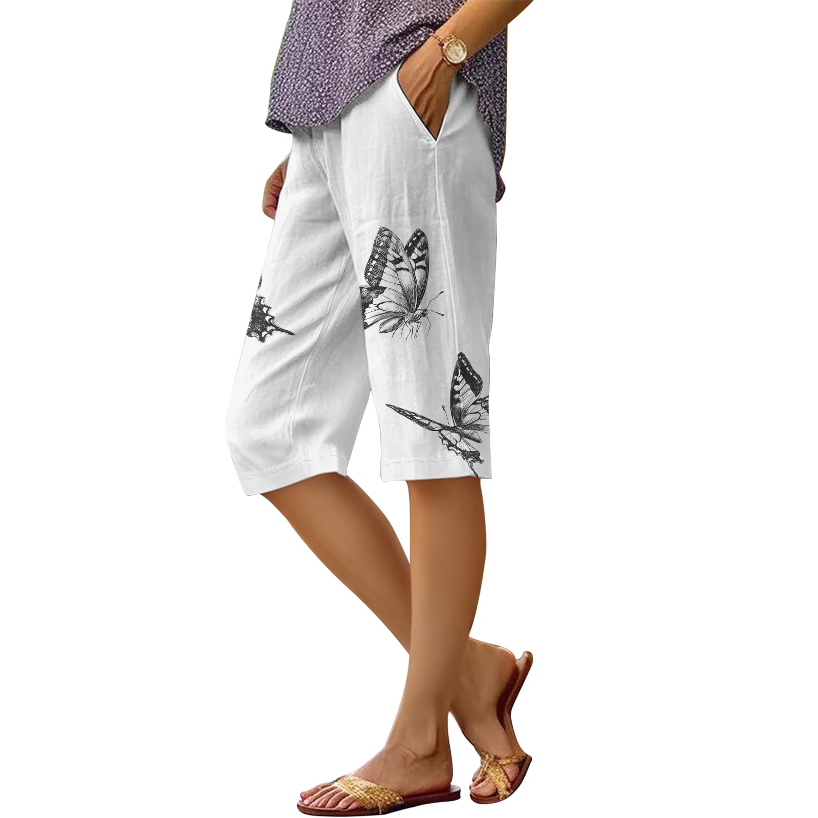 Bermuda Dmoyala Com Estampa Floral De Linho Para Mulheres, Preto E Branco