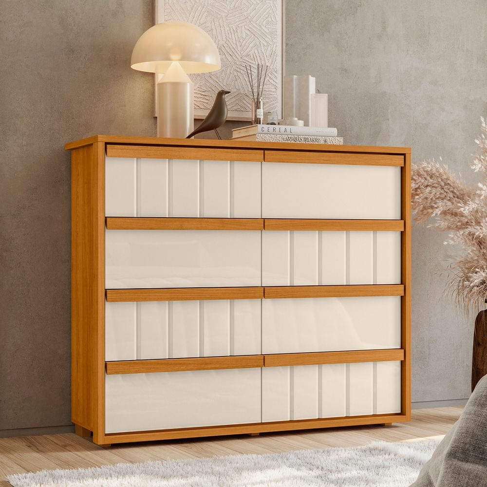 Cômoda Para Quarto 8 Gavetas Ripado 100% Mdf Tarsila Cinamomo / Off White