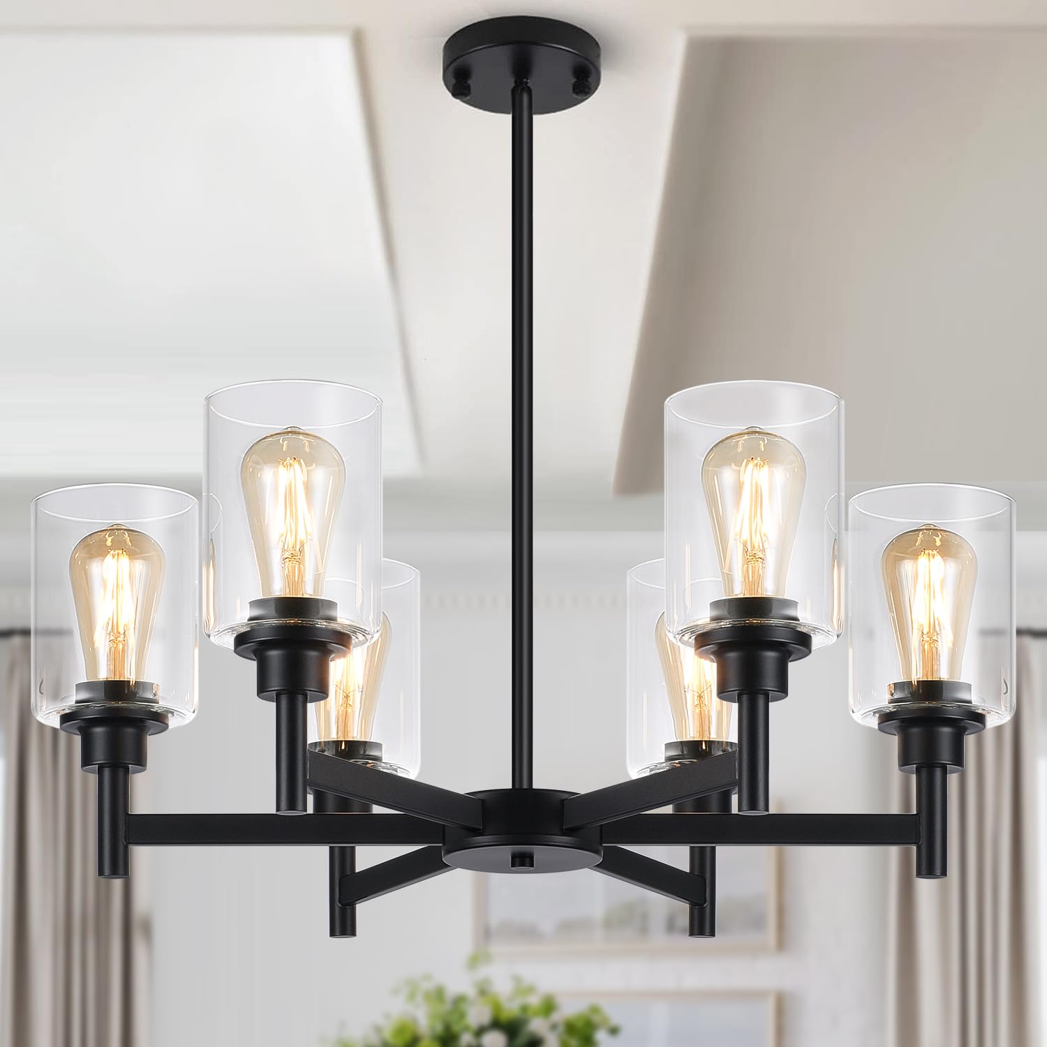 Chandelier Lynnoland Black 6 Light Clear Glass Sala De Jantar