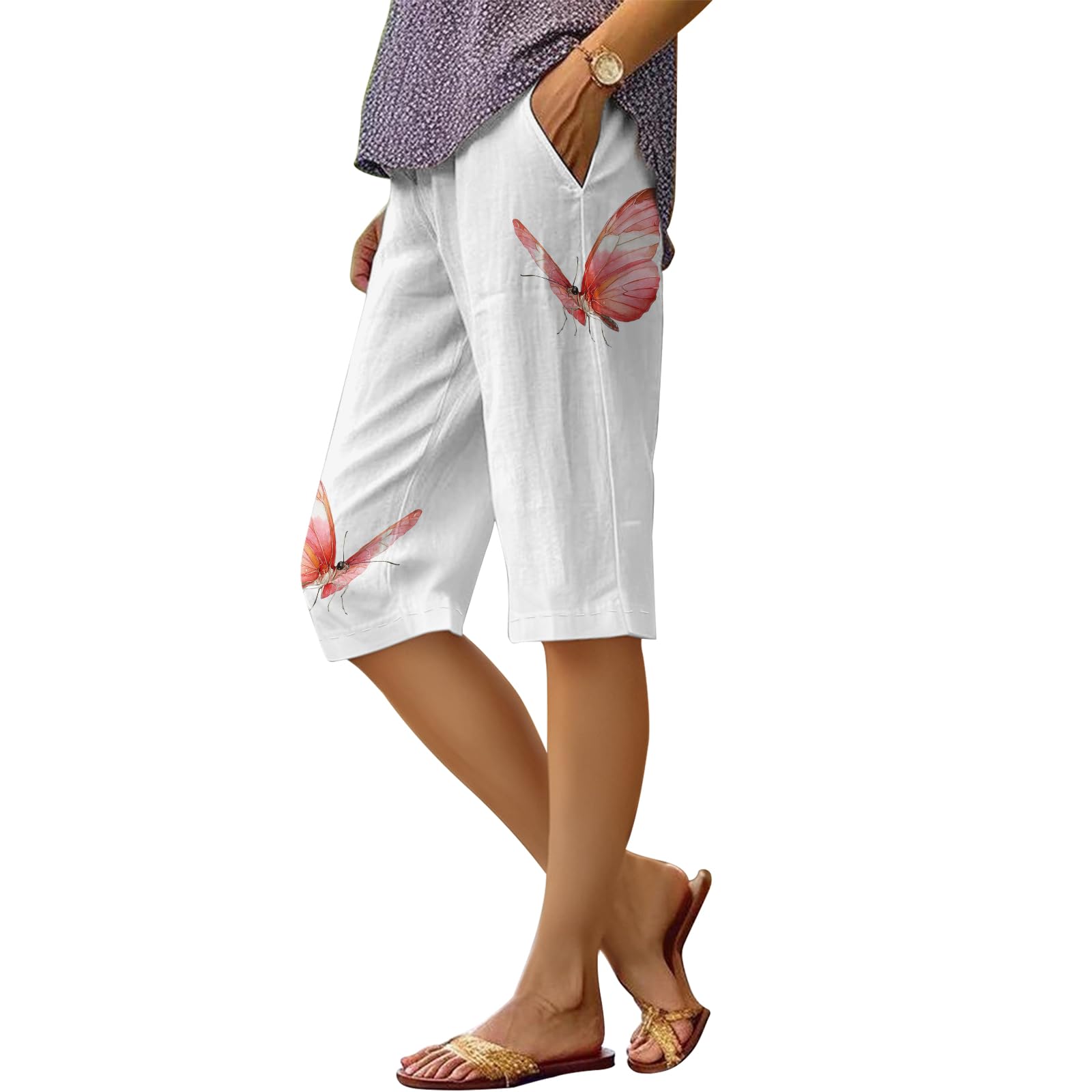 Bermudas Dmoyala Com Estampa Floral De Linho Para Mulheres Brancas E Vermelhas