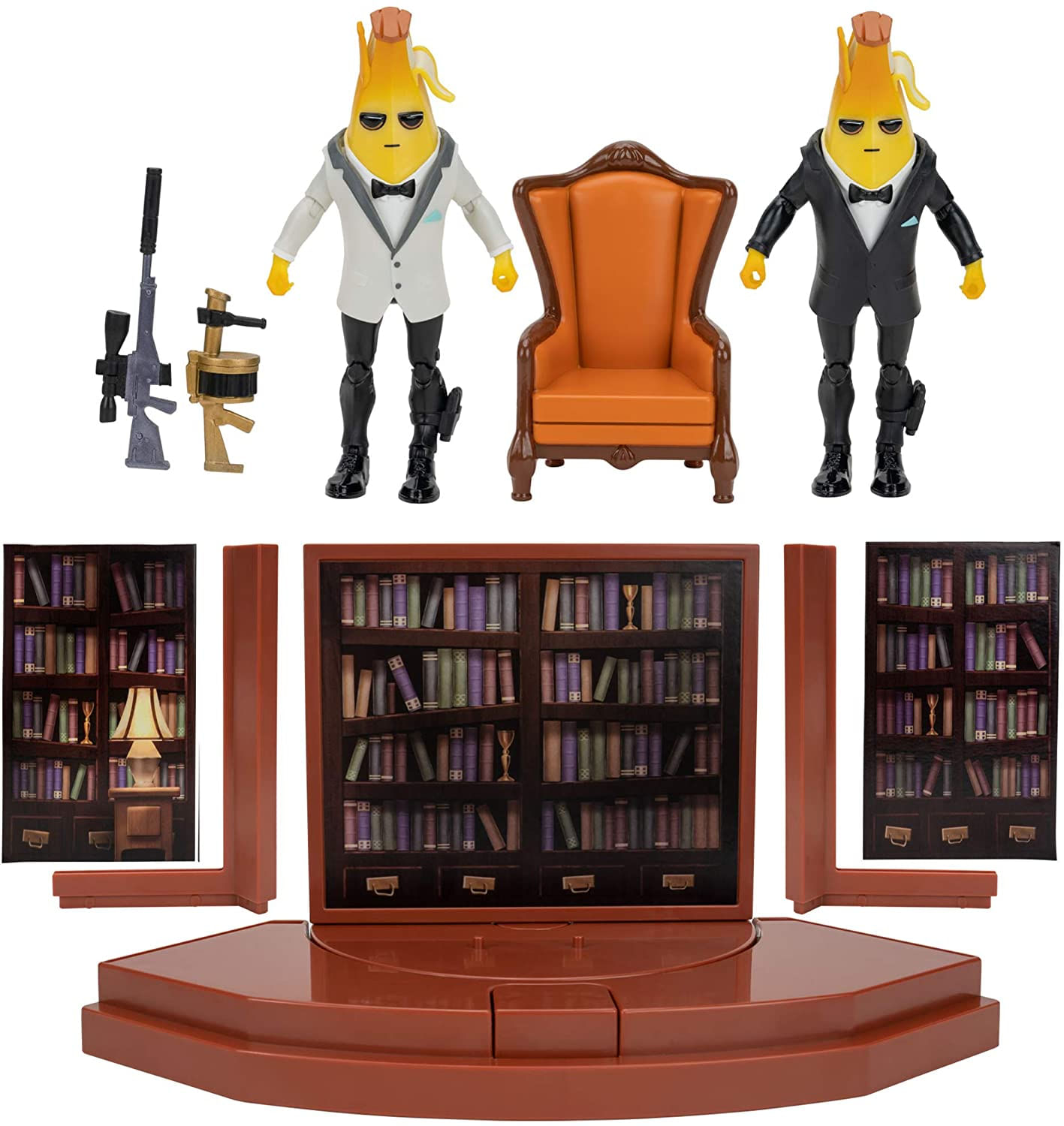 Fortnite Agent's Room Agent Peely, Inclui 2 (4 Polegadas) Agente Articulado Peely Figures, Playset Com Passagem Secreta, Acessórios Lendário