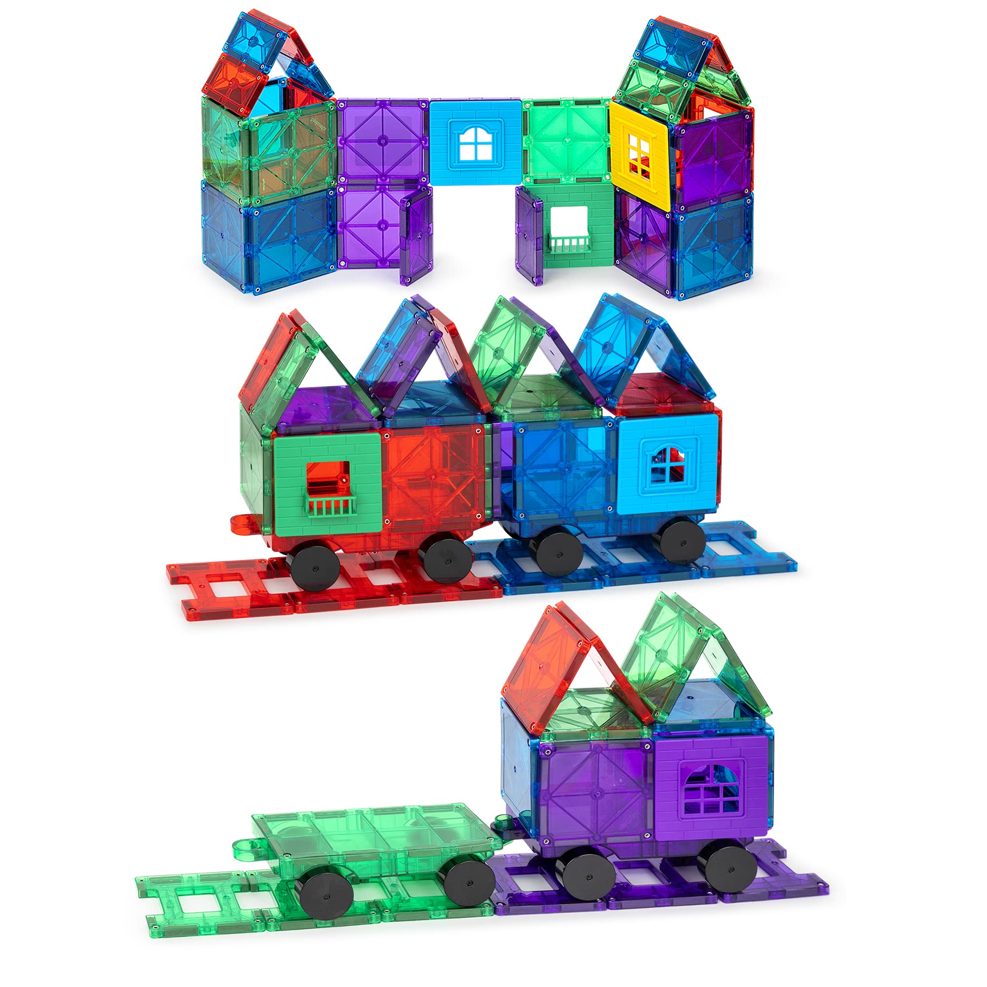 Conjunto De Vagões De Trem Magnetic Tiles Playmags 55 Unidades Para Crianças +3