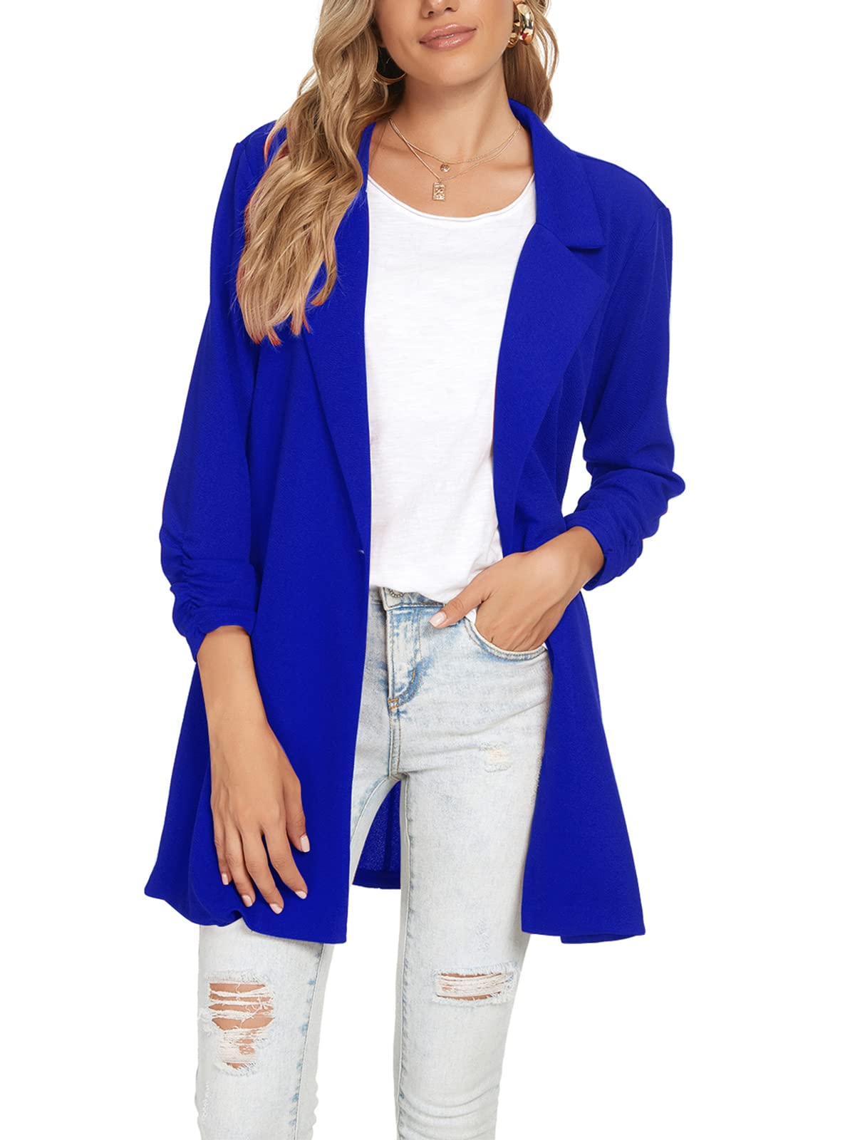 Blazer Unifizz Feminino Com Mangas 3/4 Franzidas Para Escritório Azul Royal S